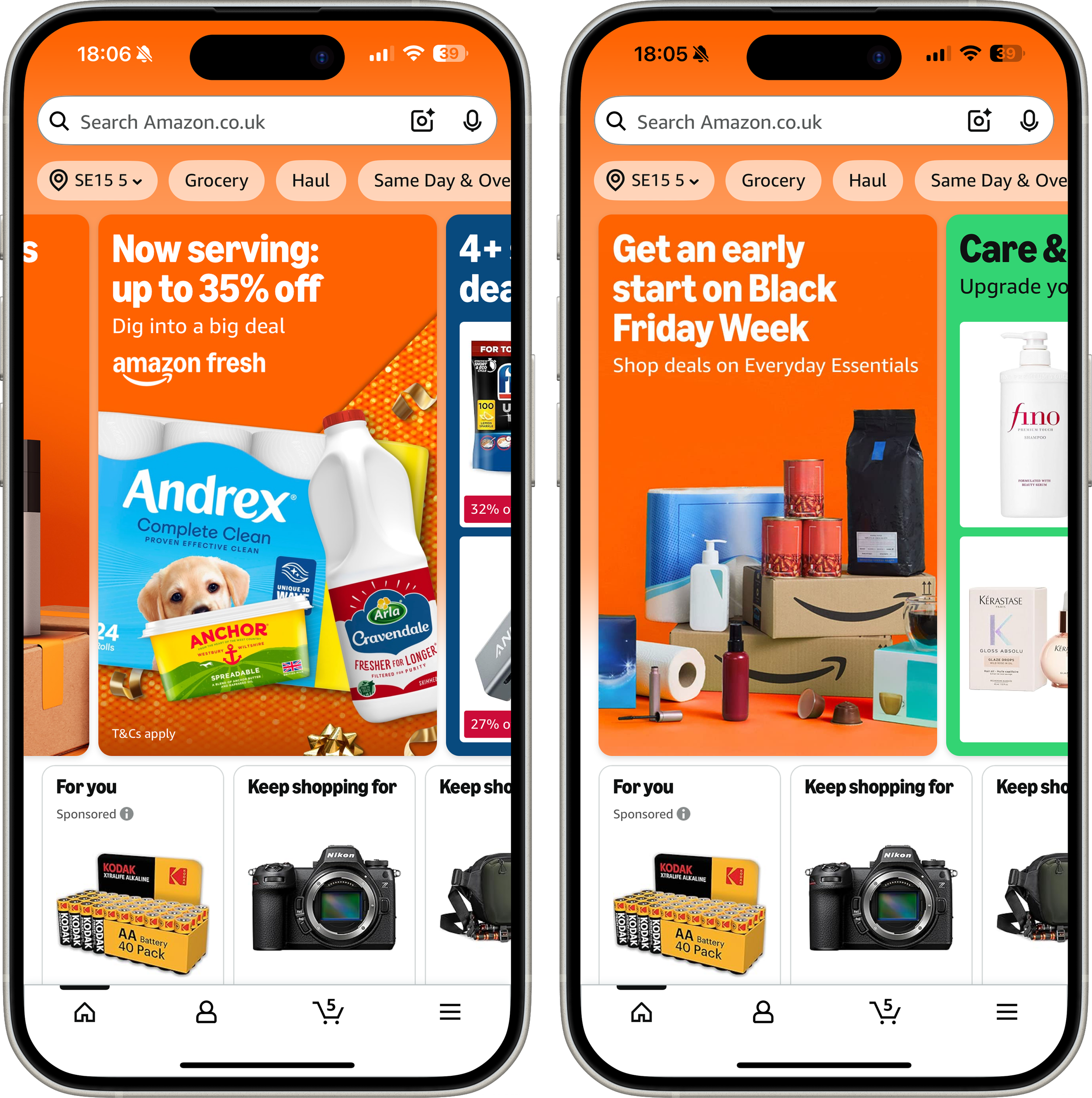 Screenshots of Amazon.co.uk shopping app displaying deals. The left image shows a promotion for up to 35% off on Amazon Fresh groceries, including cleaning products like Andrex toilet paper, Arla cravendale milk, and Anchor spreadable butter. The right image promotes early Black Friday deals on household essentials with various products on an orange background.