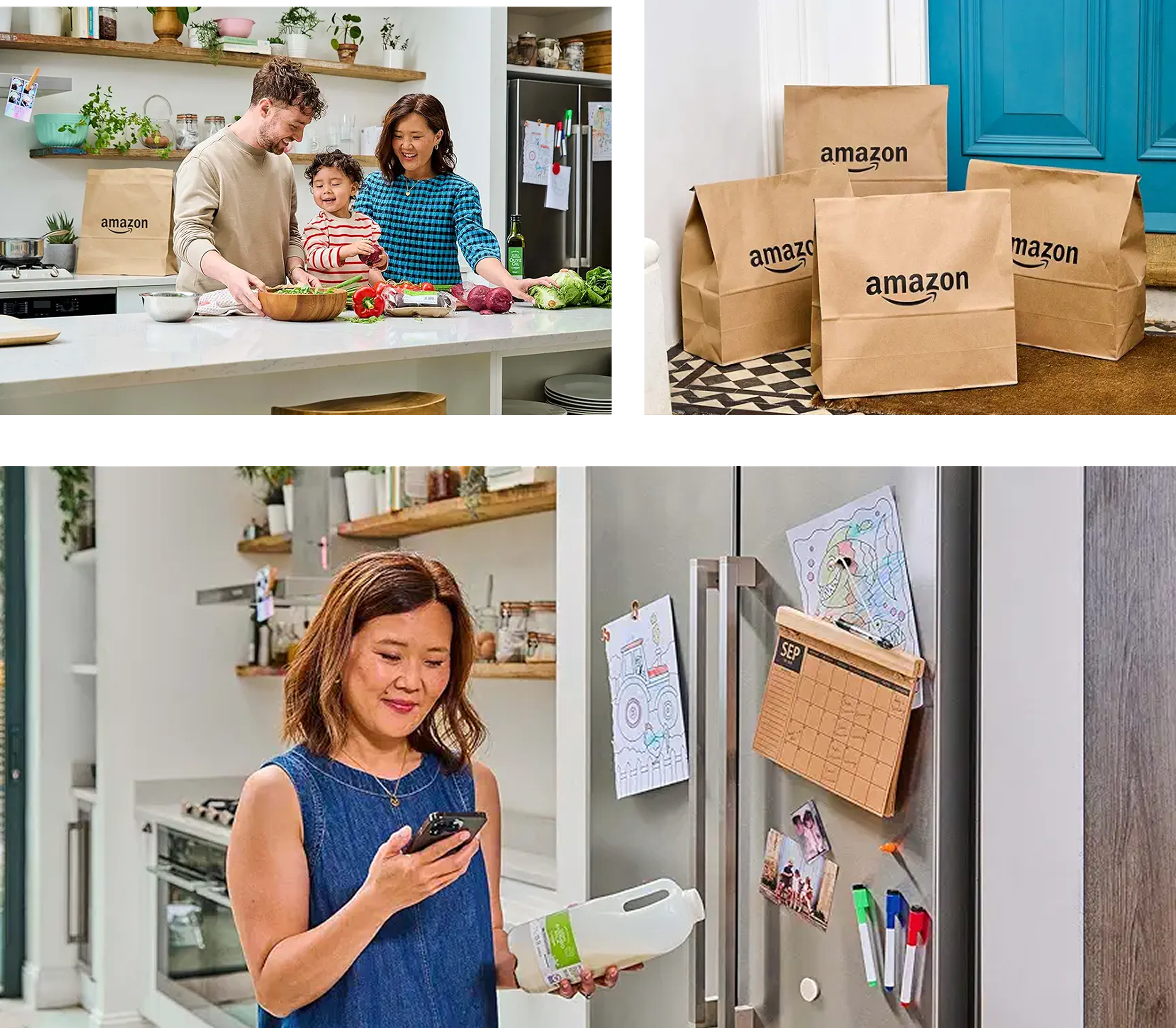 Collage of three images: top left shows a family cooking in a kitchen, top right shows Amazon shopping bags outside a door, bottom shows a woman looking at her phone while holding milk in a kitchen.