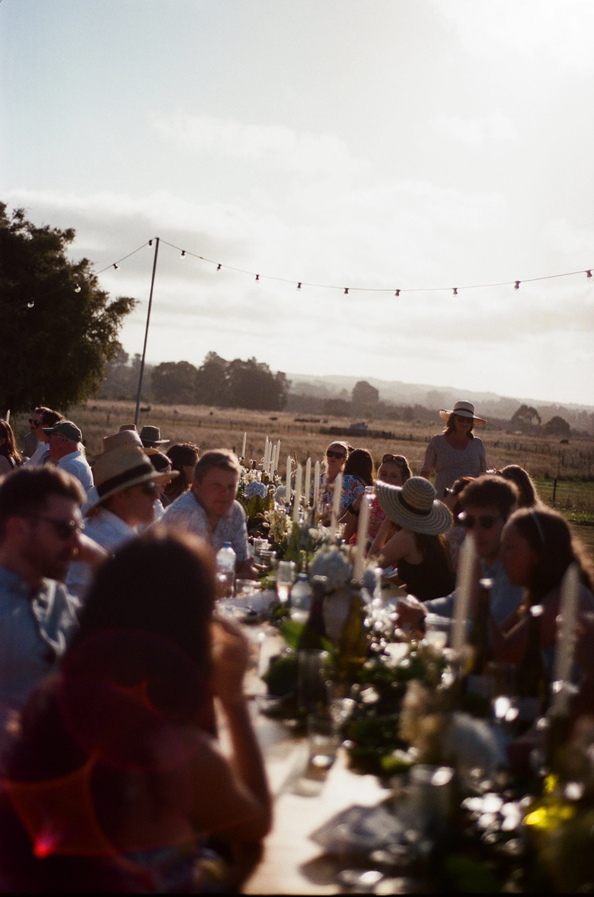 Long outdoor dinner table with guests wearing summer hats and sunglasses, set in a rural field during sunset with string lights overhead.