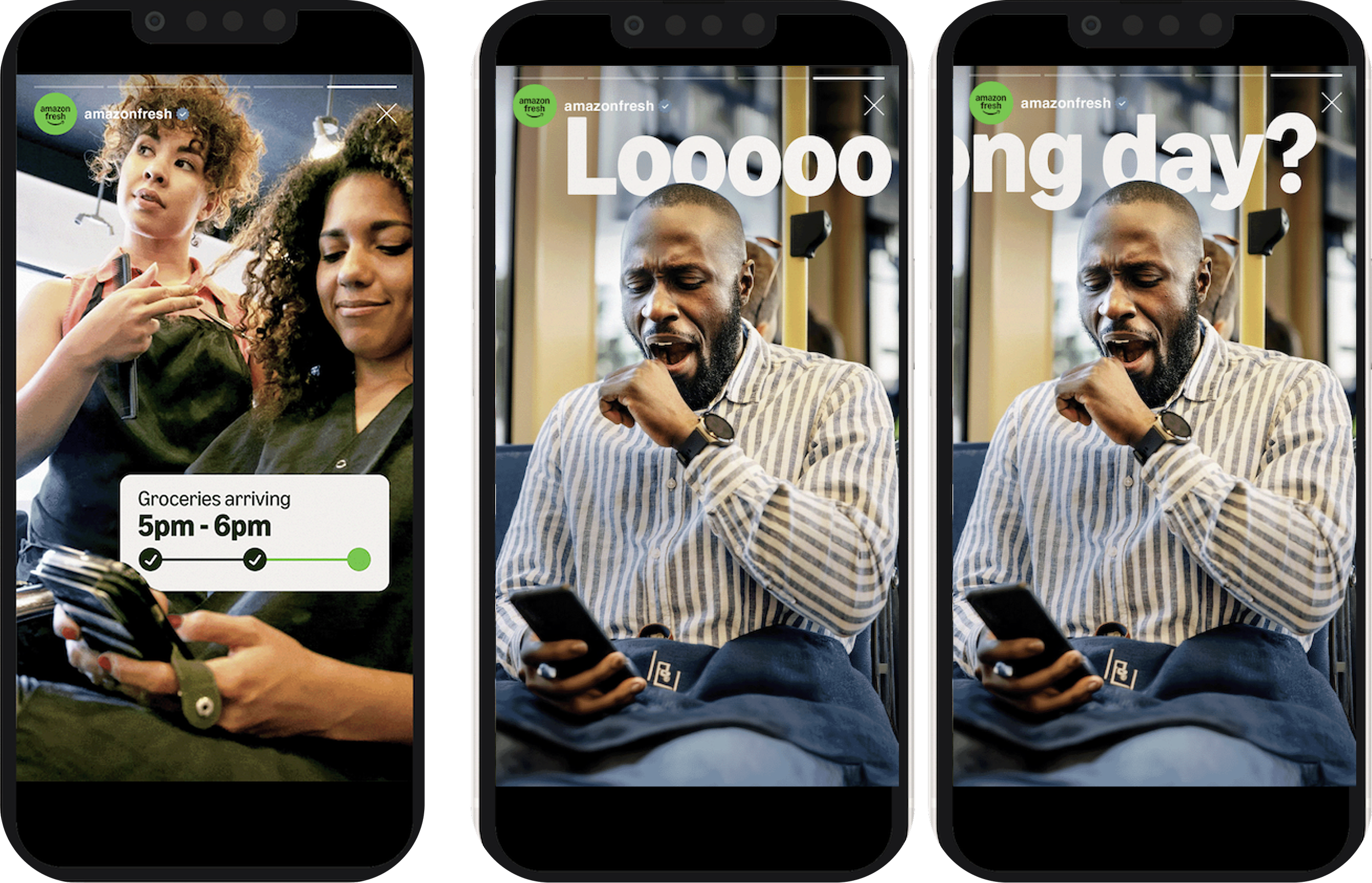 Three smartphones displaying different scenes. The first shows two women in a store, one using her phone and a grocery delivery notification. The second and third show a man sitting in a public setting, yawning or stretching while looking at his phone, with partial large text overlay reading 'Loooooday?'.