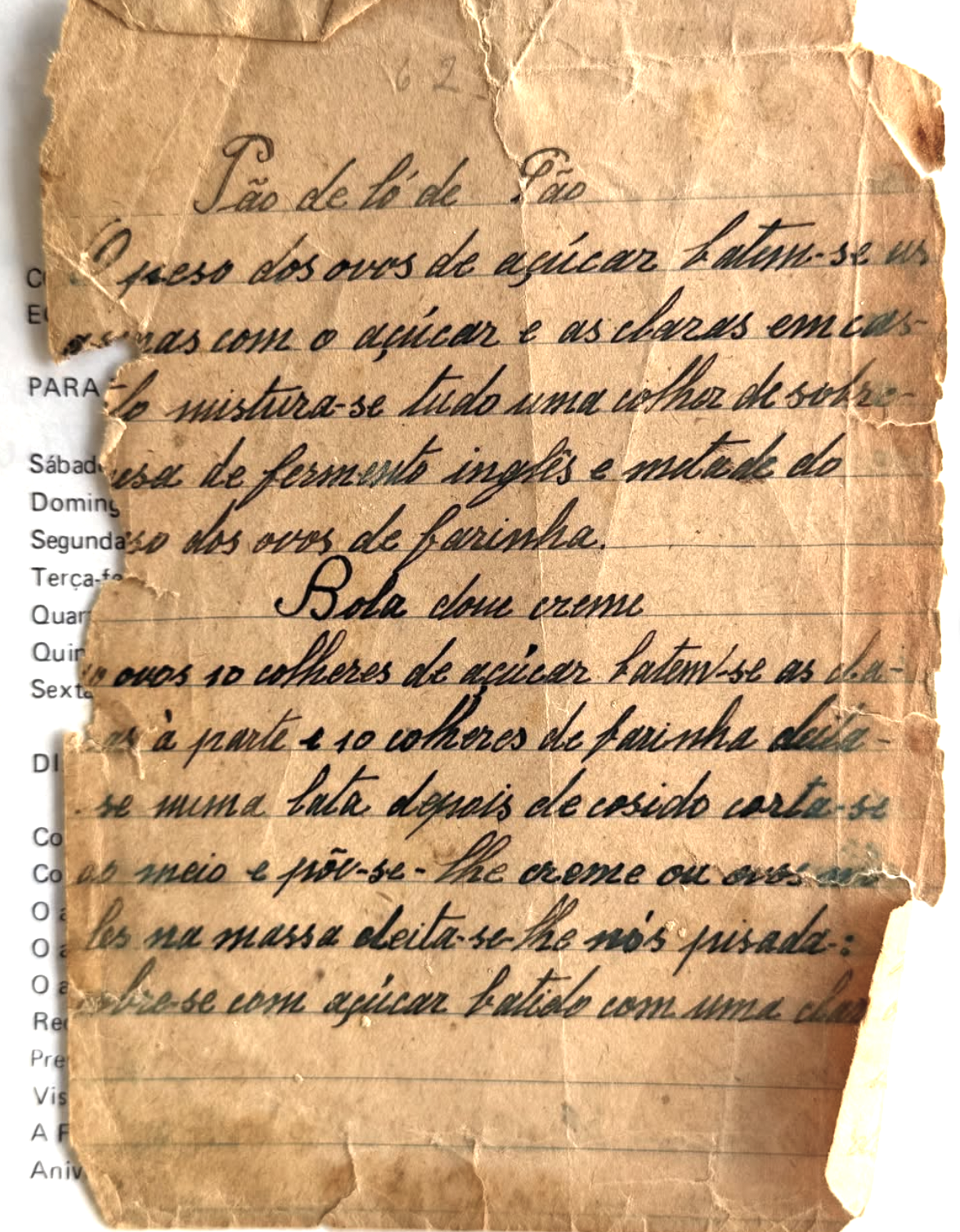 A torn, aged handwritten recipe in Spanish on yellowed paper.