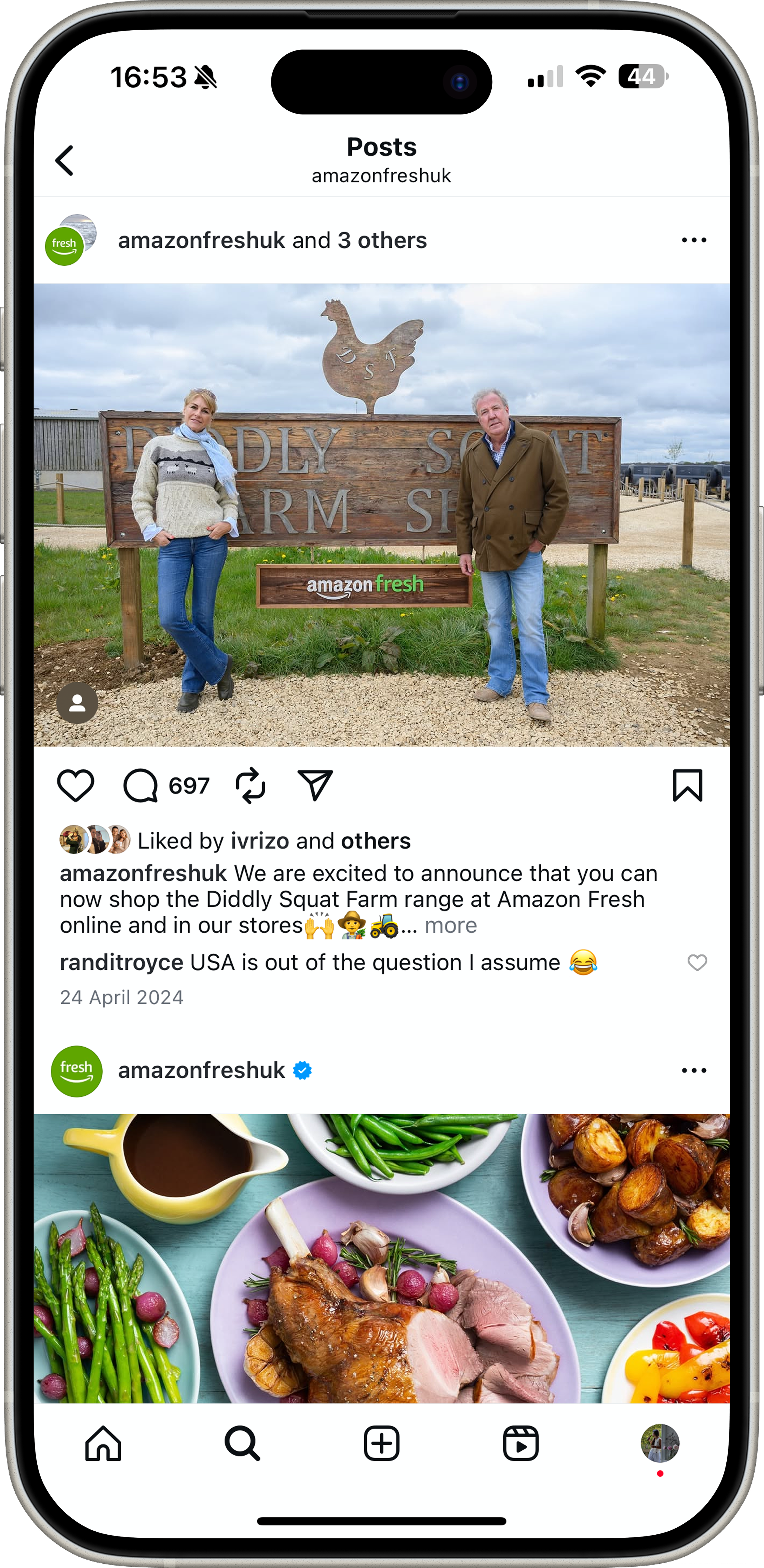 An Instagram post showing a man and a woman standing in front of a farm sign that reads 'Diddly Squat Farm' with a chicken logo on top. The post announces that the Diddly Squat Farm range is now available on Amazon Fresh.