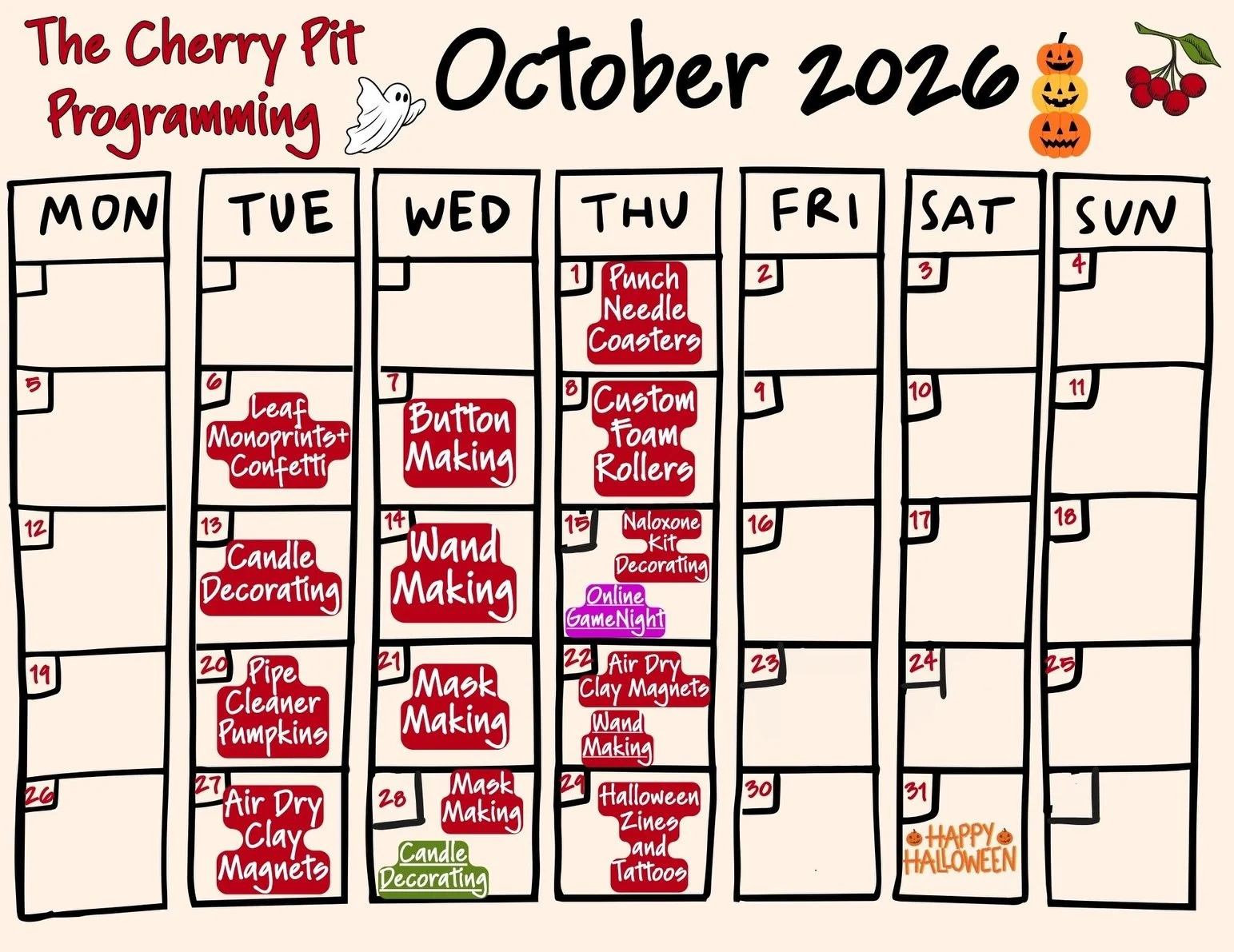 here is the complete October program calendar! we are so excited about halloween arttt🎃🍒