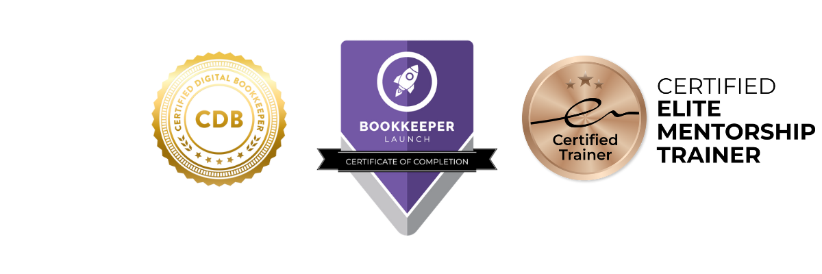 Three certification badges: "Certified Digital Bookkeeper" gold seal, "Bookkeeper Launch Certificate of Completion" purple shield, and "Certified Trainer" bronze circle.