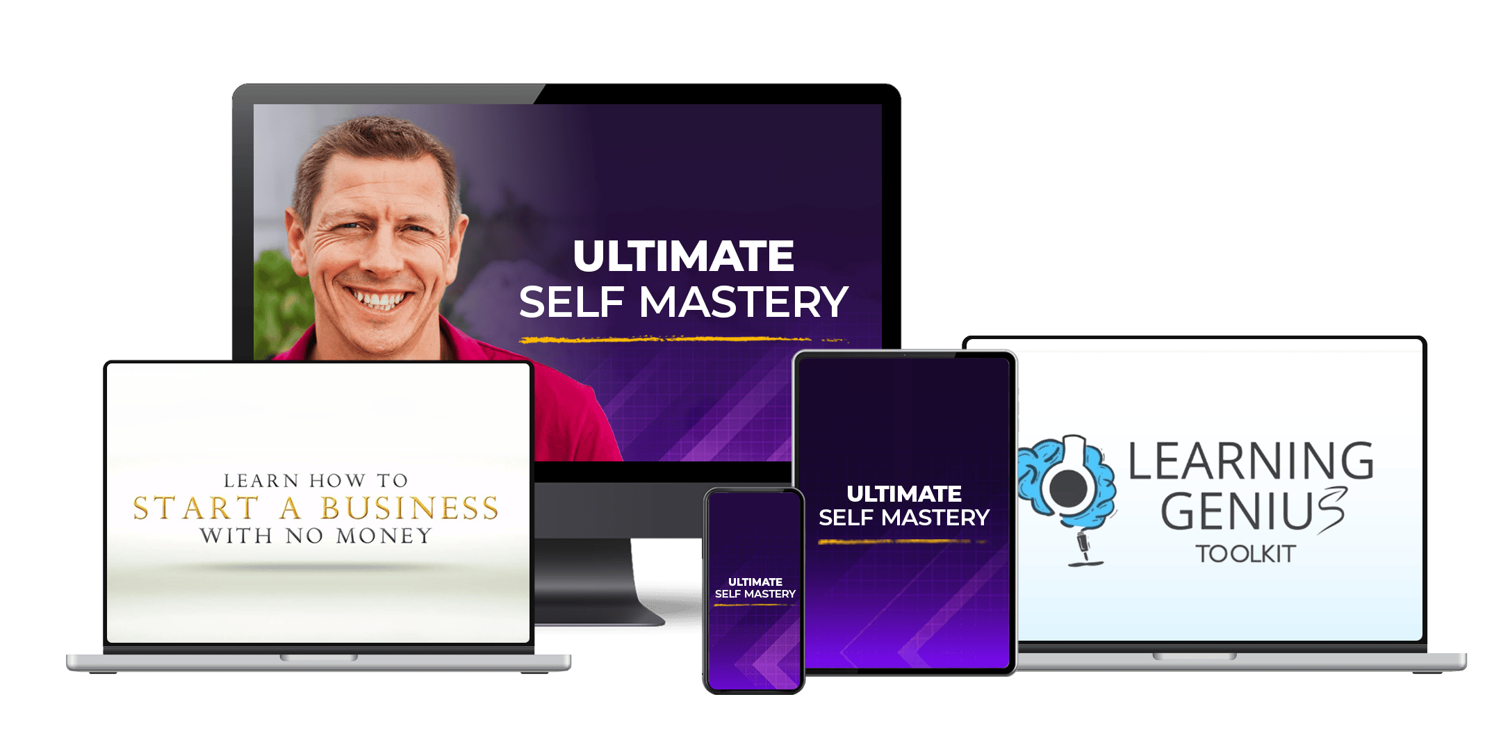 Assorted digital devices displaying self-improvement and business courses, including "Ultimate Self Mastery" and "Learning Genius Toolkit."
