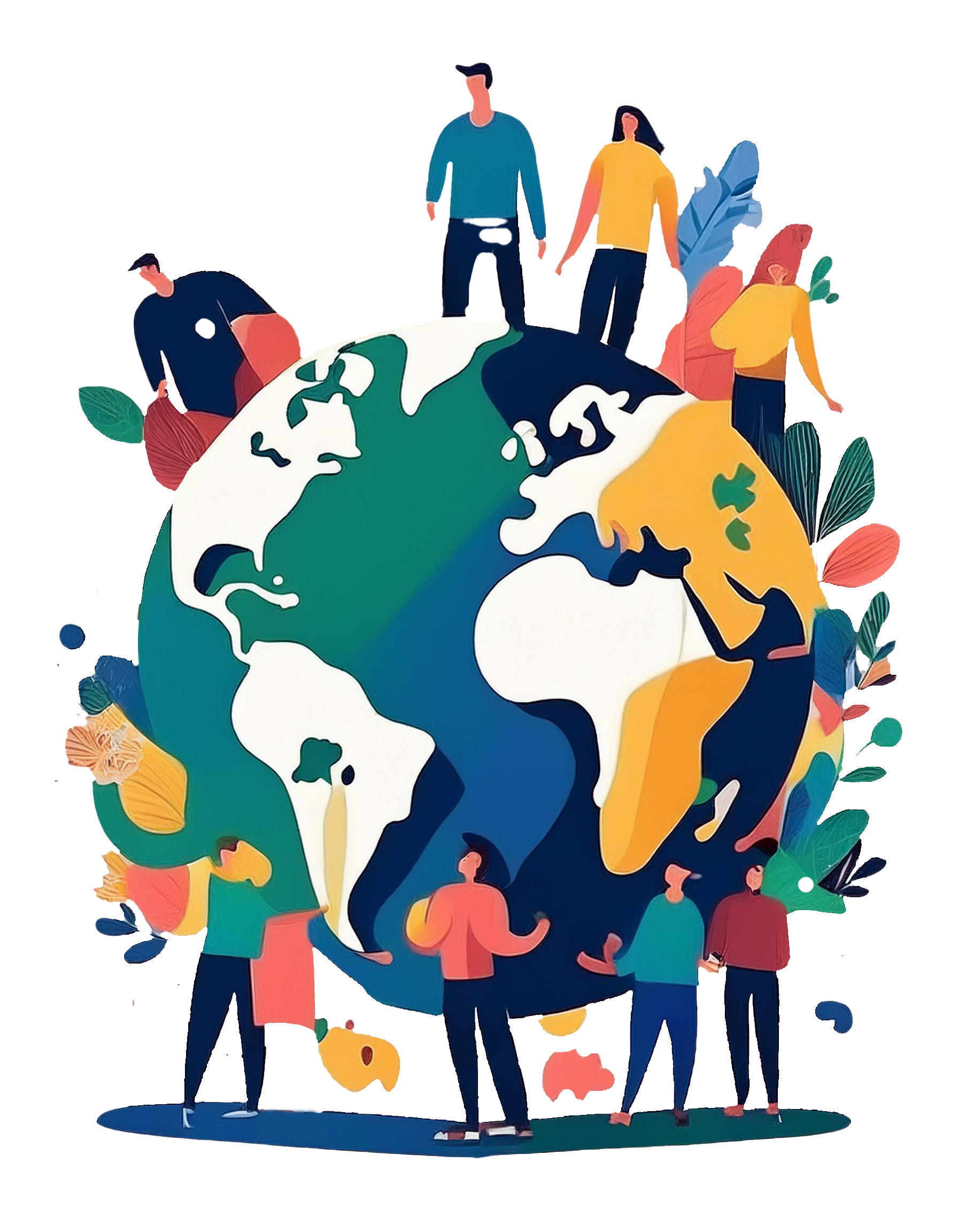 Illustration of a globe with people around it, symbolizing global community and environmental awareness.