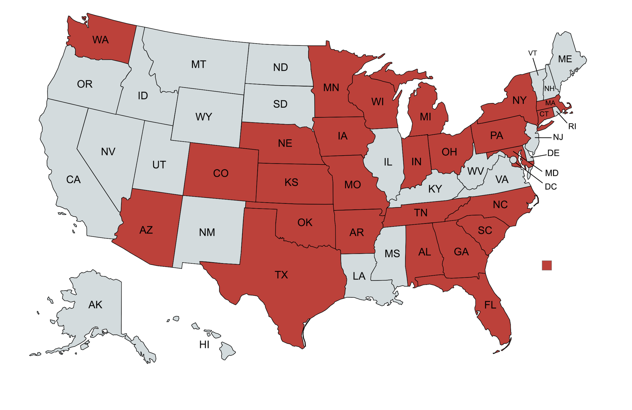 A map of the United States with selected states in red and others in gray. The red states include Washington, Minnesota, Wisconsin, Illinois, Indiana, Ohio, Pennsylvania, New York, Connecticut, Rhode Island, Massachusetts, New Hampshire, Maine, Michigan, Nebraska, Colorado, Arizona, Texas, Oklahoma, Arkansas, Louisiana, Florida, North Carolina, South Carolina, Georgia, Tennessee, and Alabama.