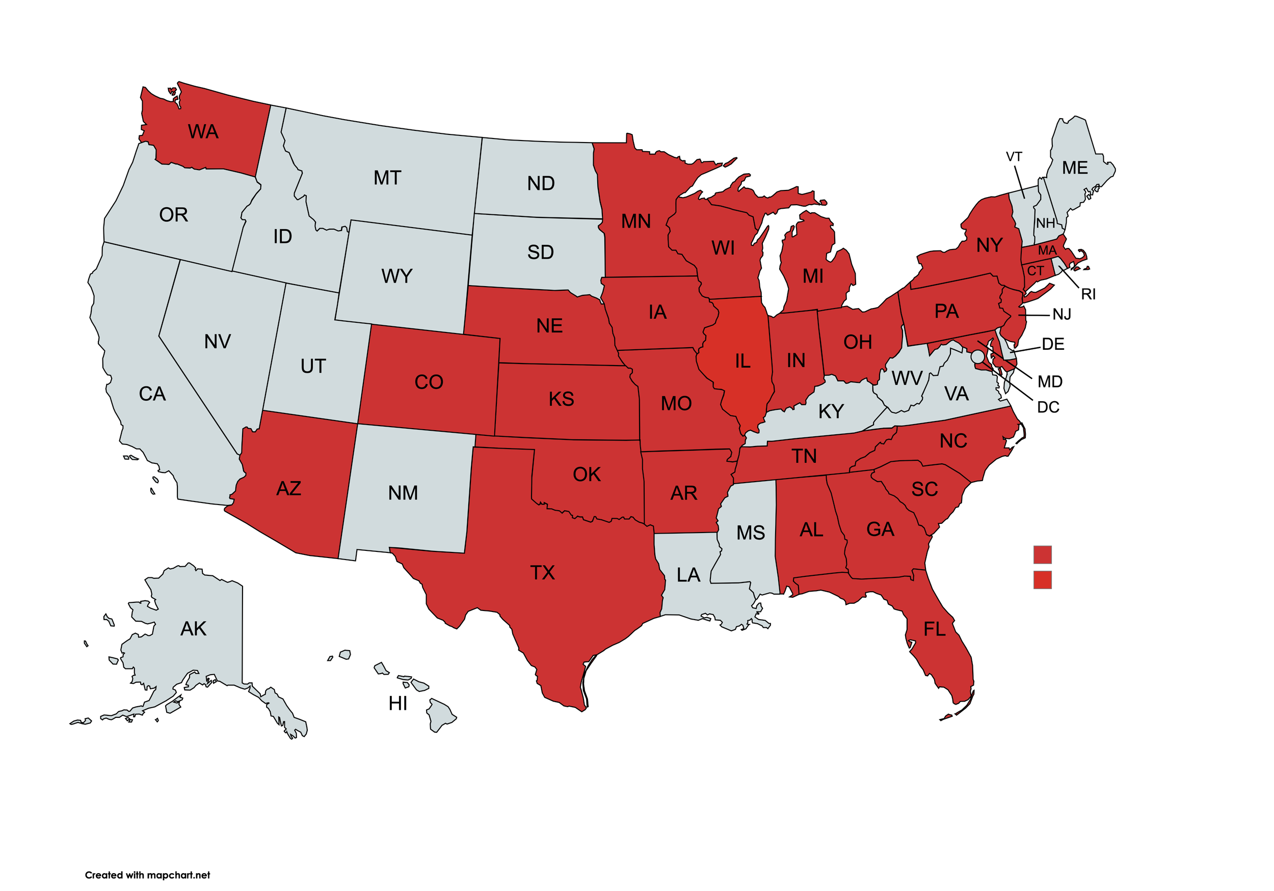 Map of the United States with many states highlighted in red and others in gray.