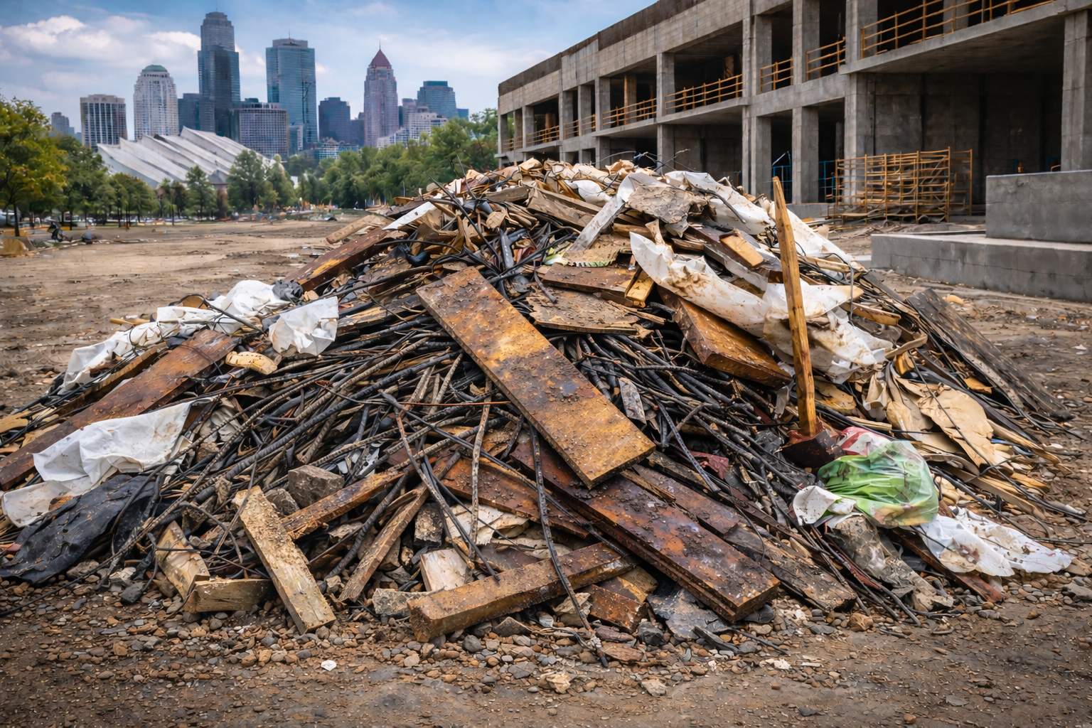 Pile of construction debris, including rusted steel, wood, and plastic, on an empty lot with buildings and city skyline in the background.