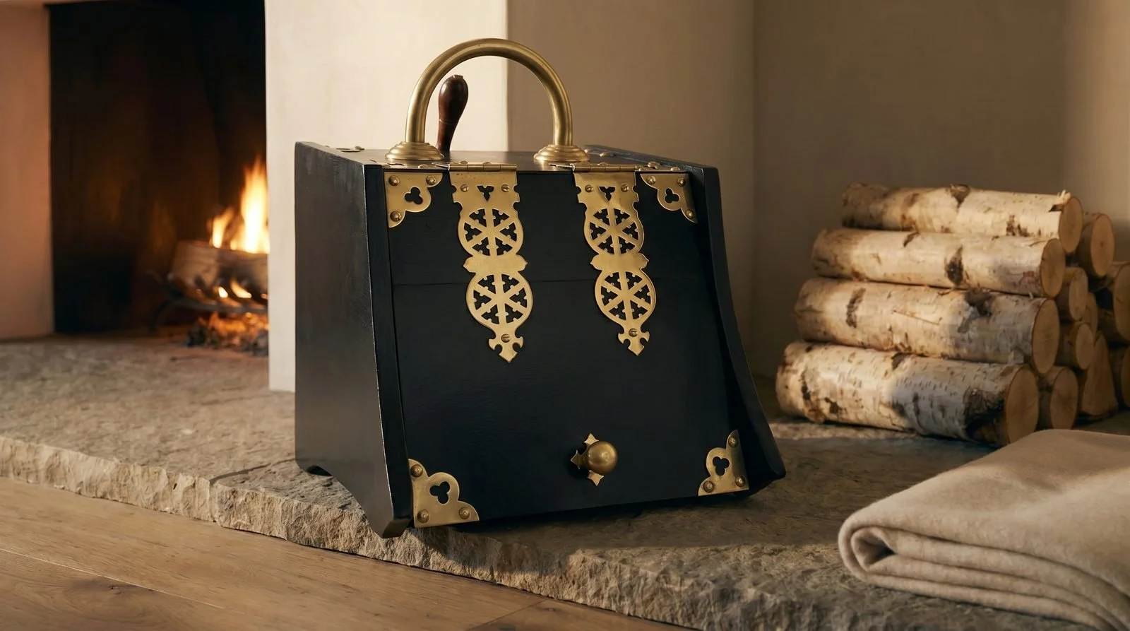 Closer view of the coal box on the hearth, the brass mounts and bail handle catching the firelight