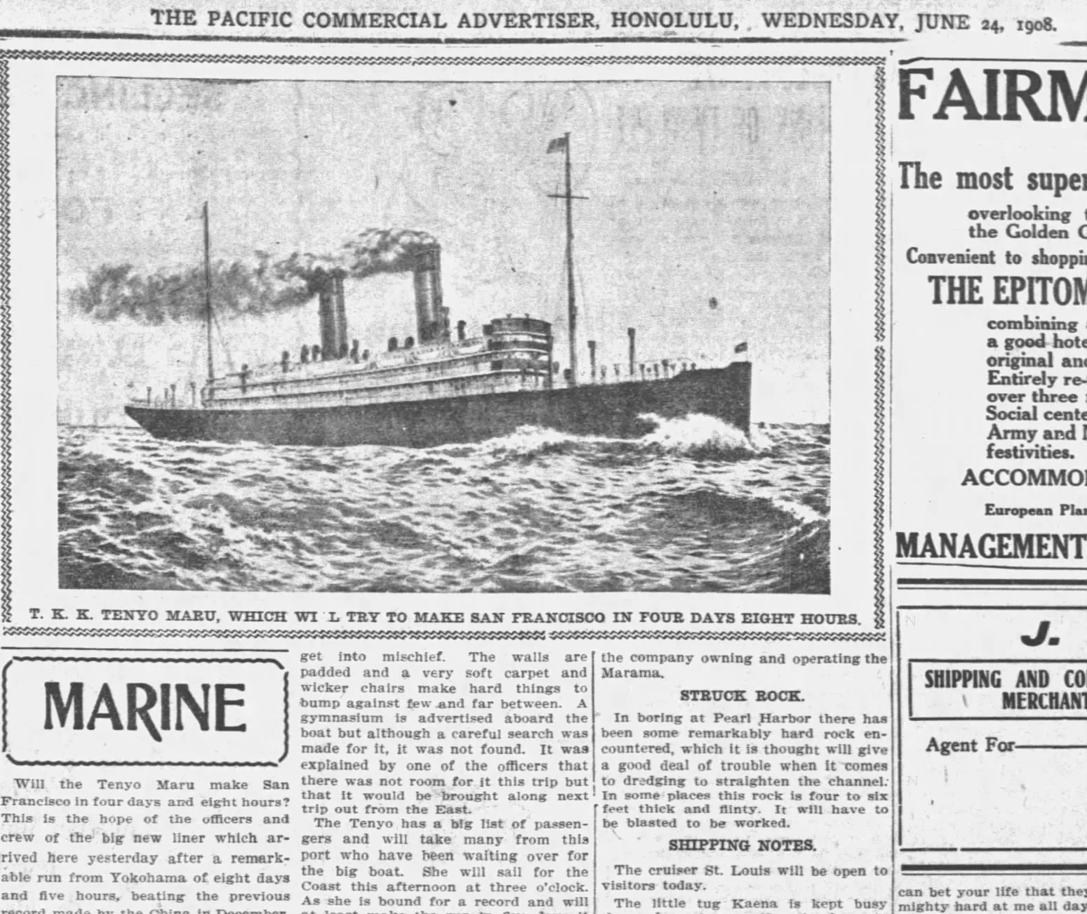 1908 Honolulu newspaper page with a photograph of the steamship Tenyo Maru at sea, announcing her launch