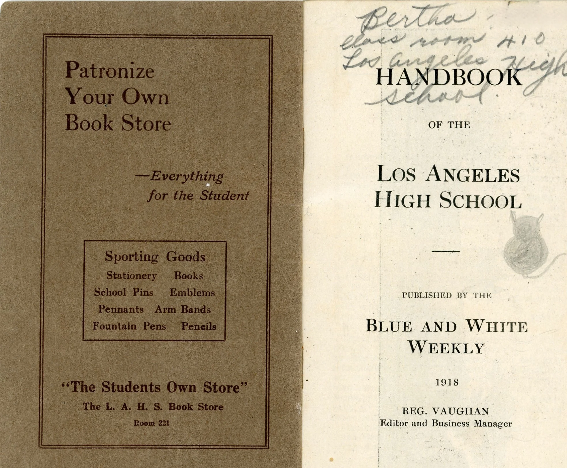 Title page of the 1918 Los Angeles High School handbook, published by the Blue and White Weekly, with a penciled student inscription.