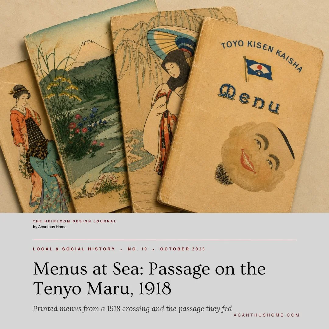 Cover of Menus at Sea, Passage on the Tenyo Maru 1918, showing four printed menu covers fanned out