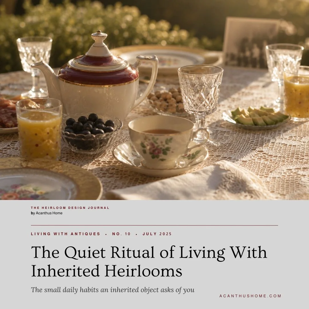 Cover of The Quiet Ritual of Living With Inherited Heirlooms, a lace-covered table set with a gilt teapot and glass