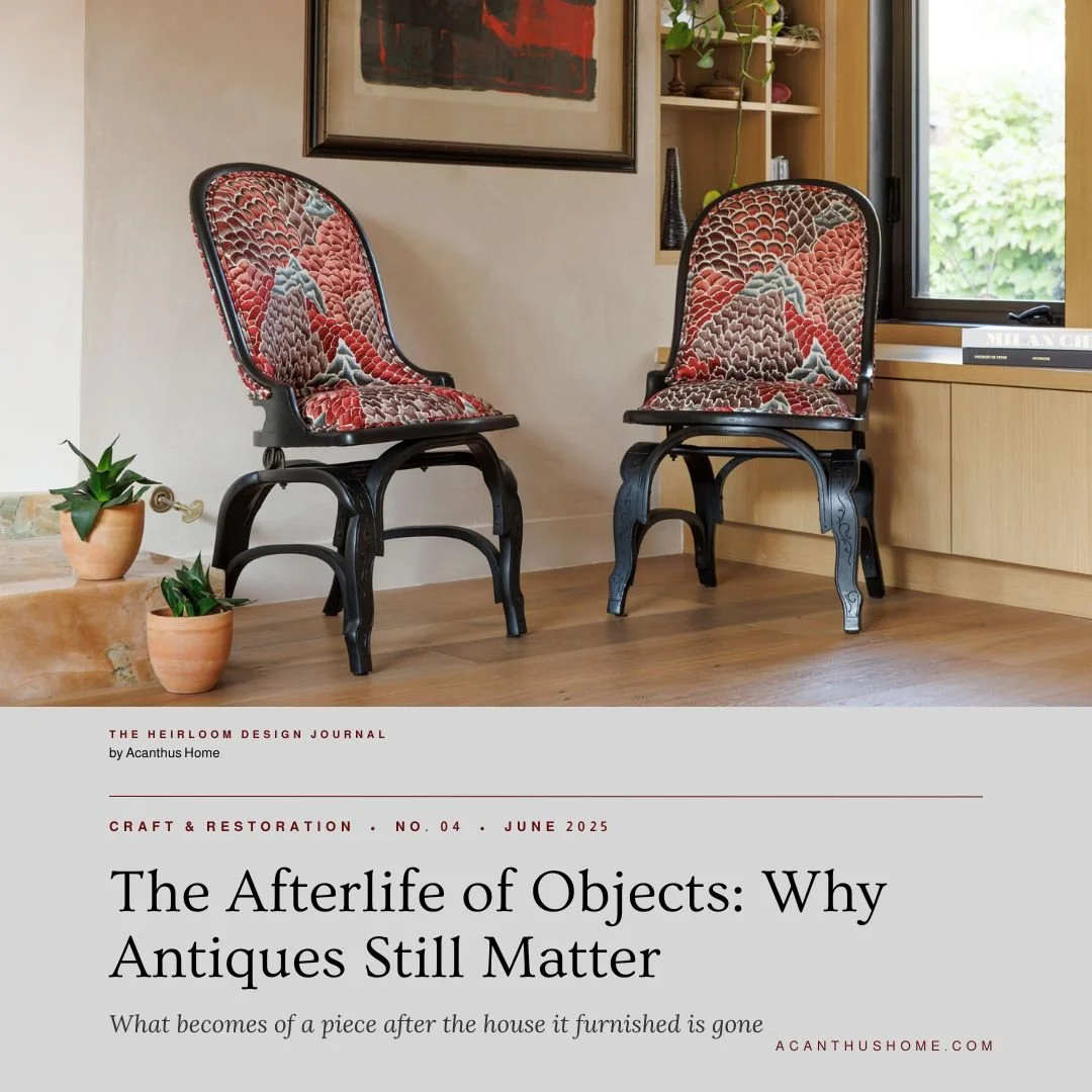 Cover of The Afterlife of Objects, showing the Crimson Canopy pair of ebonized Victorian reclining chairs in a room