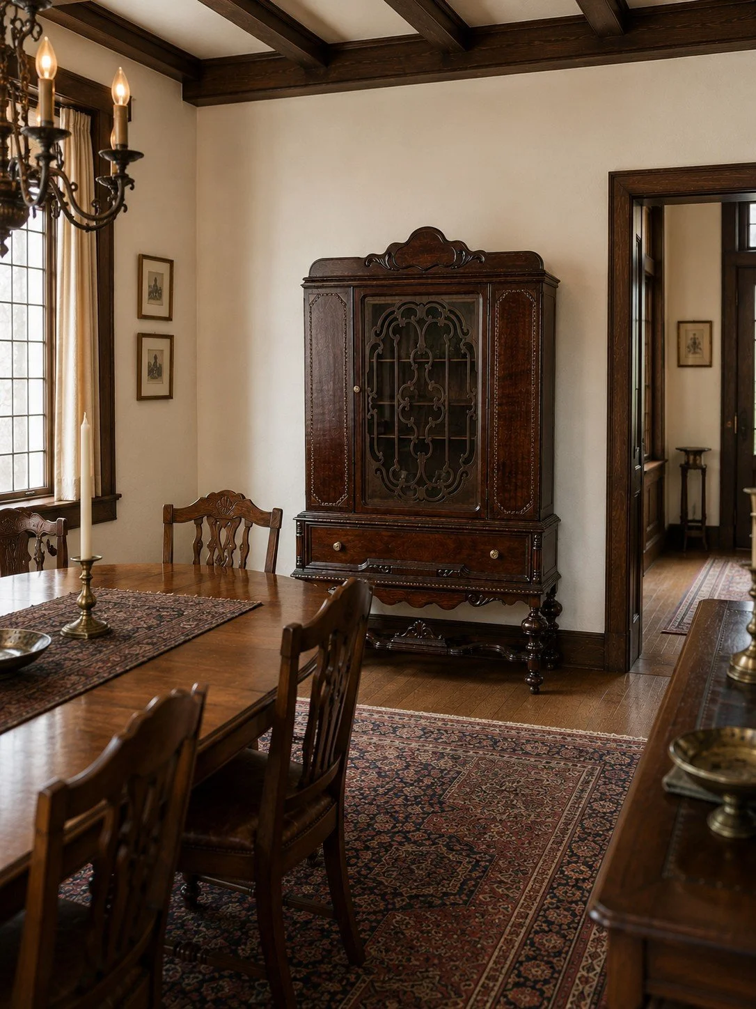 acanthus-home-the-corvane-jacobean-revival-china-cabinet-beamed-dining-room
