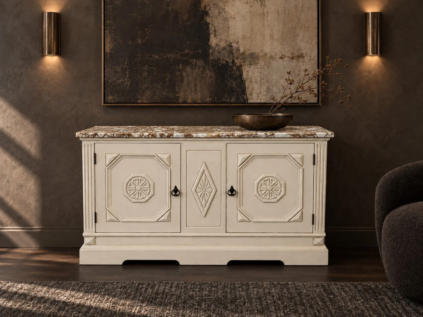 acanthus-home-the-stratelle-02-carved-cabinet-breccia-stone-top-plaster-room