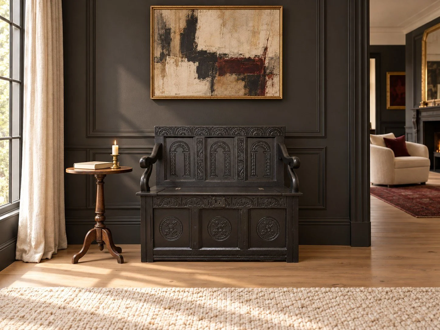 acanthus-home-blackwell-arcade-ebonized-oak-settle-dark-paneled-room
