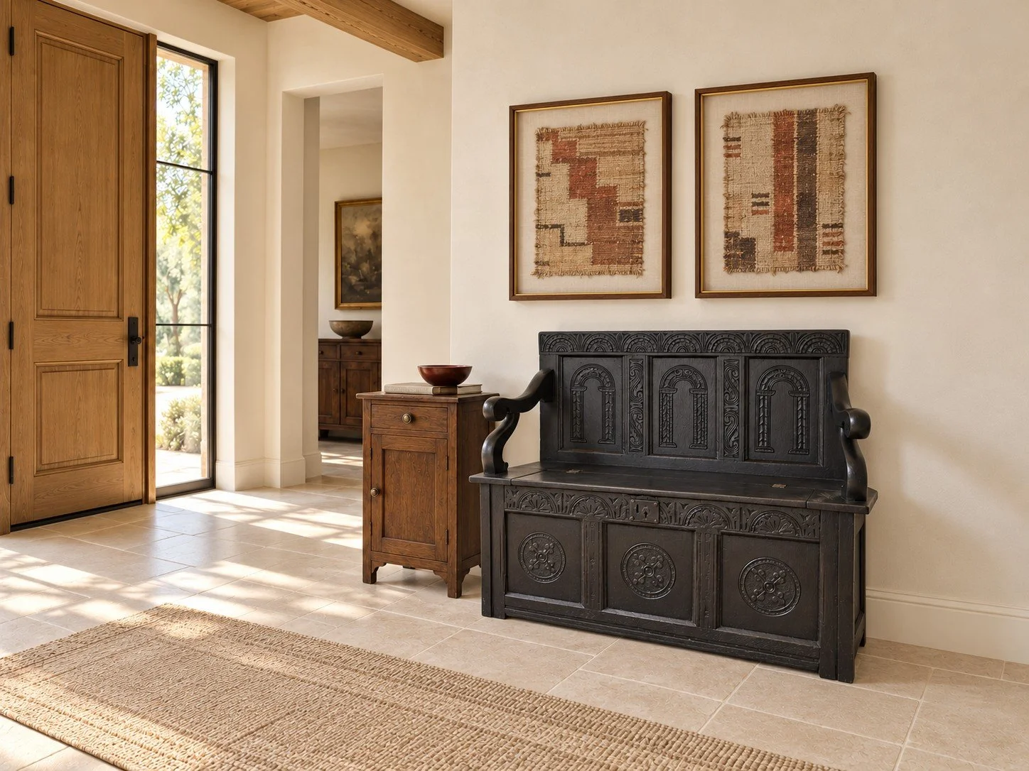 acanthus-home-blackwell-arcade-ebonized-oak-settle-light-entry