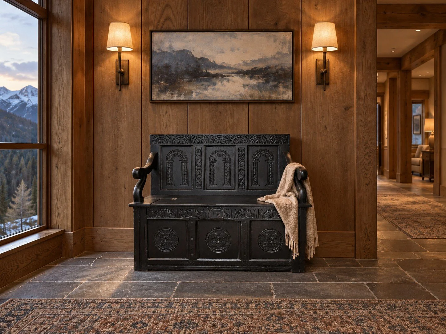 acanthus-home-blackwell-arcade-ebonized-oak-settle-mountain-lodge