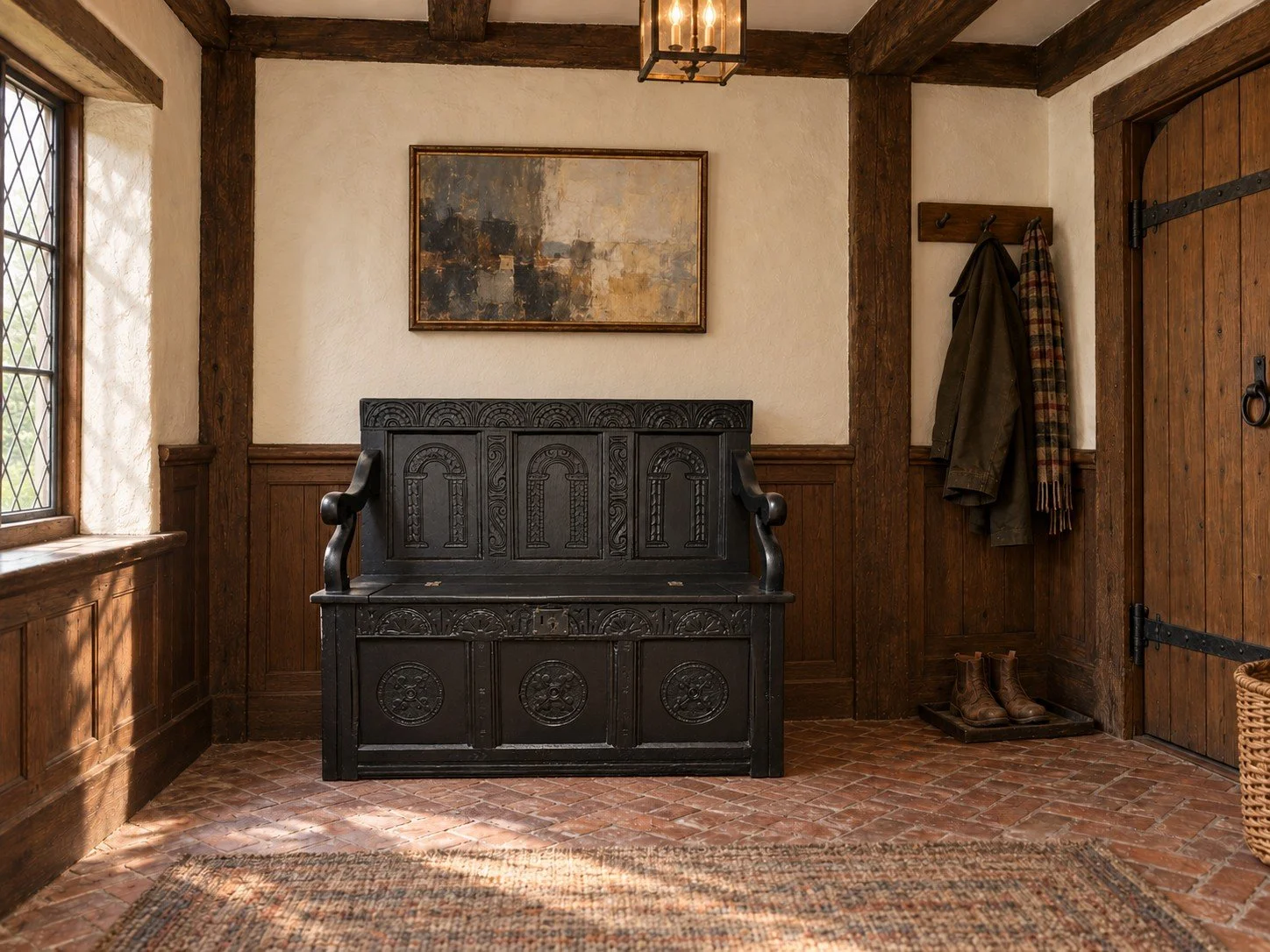 acanthus-home-blackwell-arcade-ebonized-oak-settle-timber-frame-entry