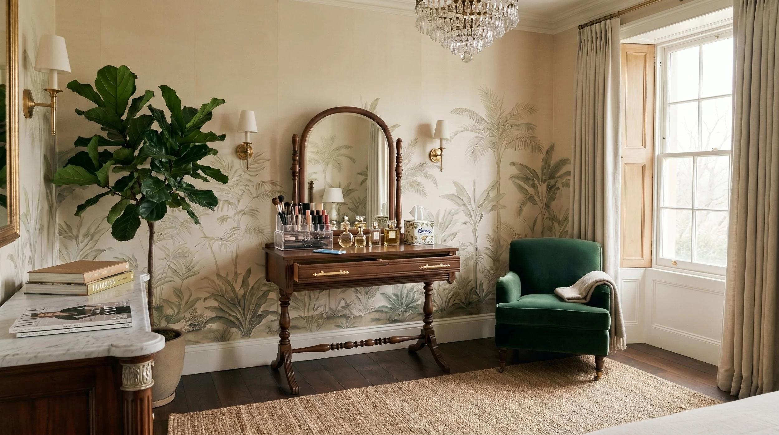 The Laureline vanity shown in a styled bedroom setting