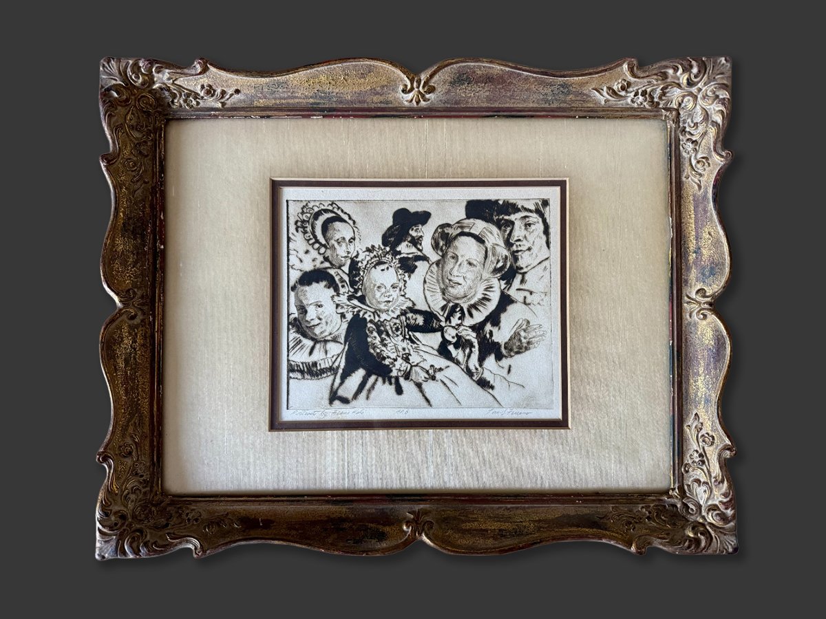 Tom S. Fricano’s etching “Portrait by Frans Hals” presented in an antique-style gilt frame with textured matting, evoking the quiet luster of restored heirloom art.