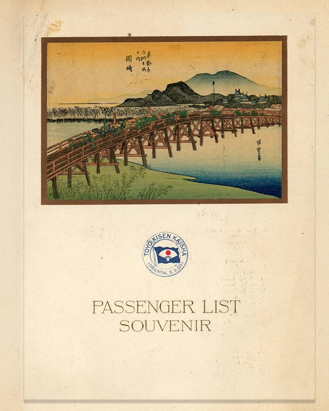 Souvenir passenger list cover printed in Yokohama for the S.S. Tenyo Maru, with a Japanese print of a long wooden bridge crossing a river