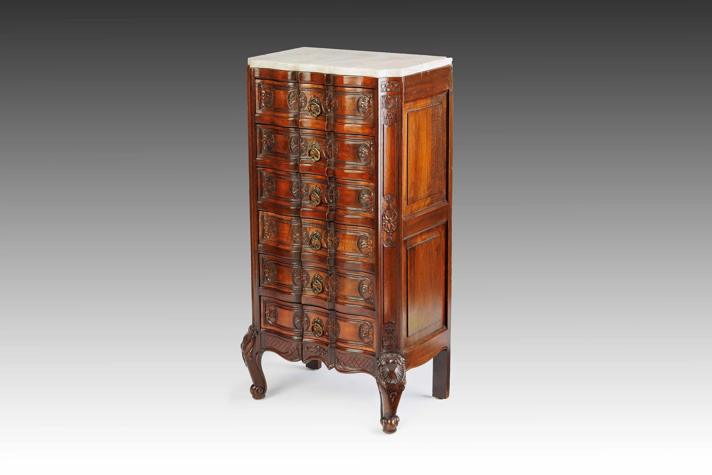 Tall antique lingerie chest with carved floral drawer fronts, shell-motif cabriole legs, and a scalloped marble top, titled The Roseroot by Acanthus Home.