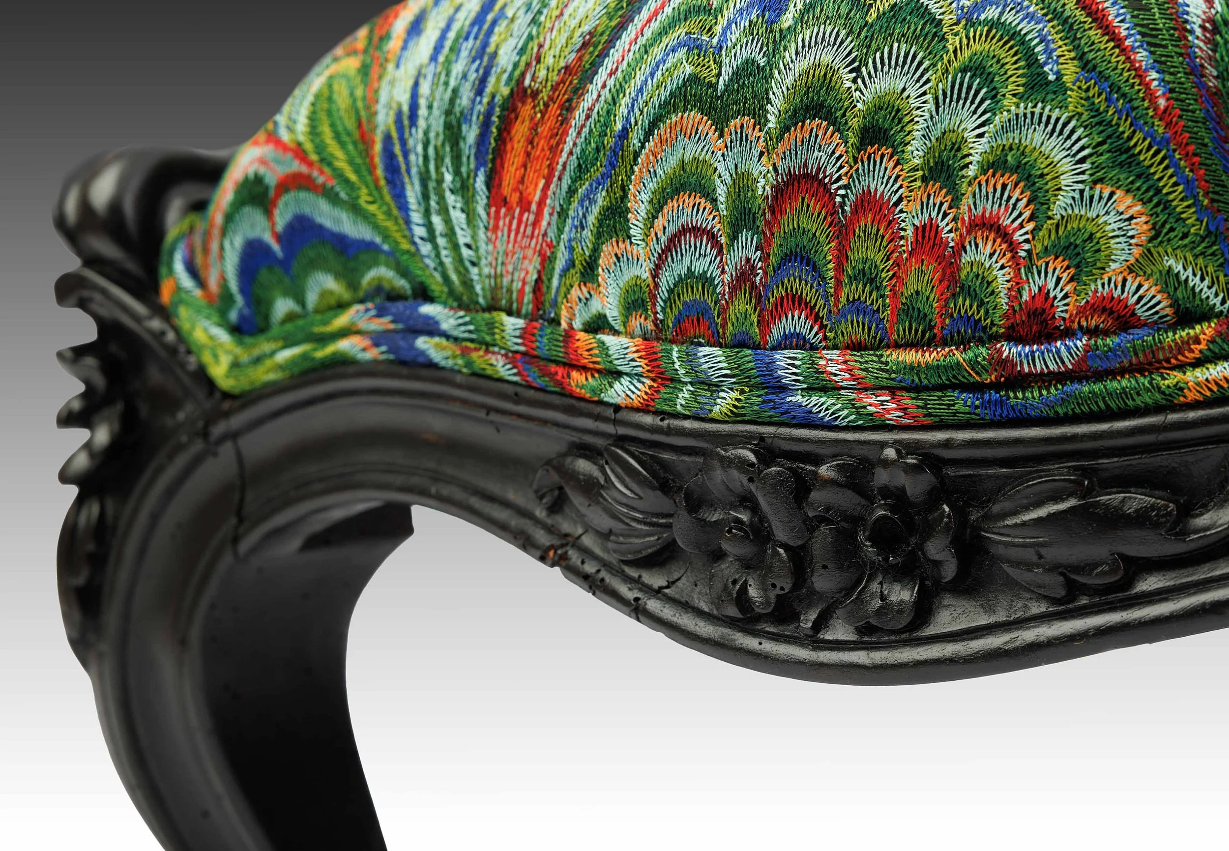 Close view of Pierre Frey Bastian Sfumato embroidery on restored Victorian slipper chair