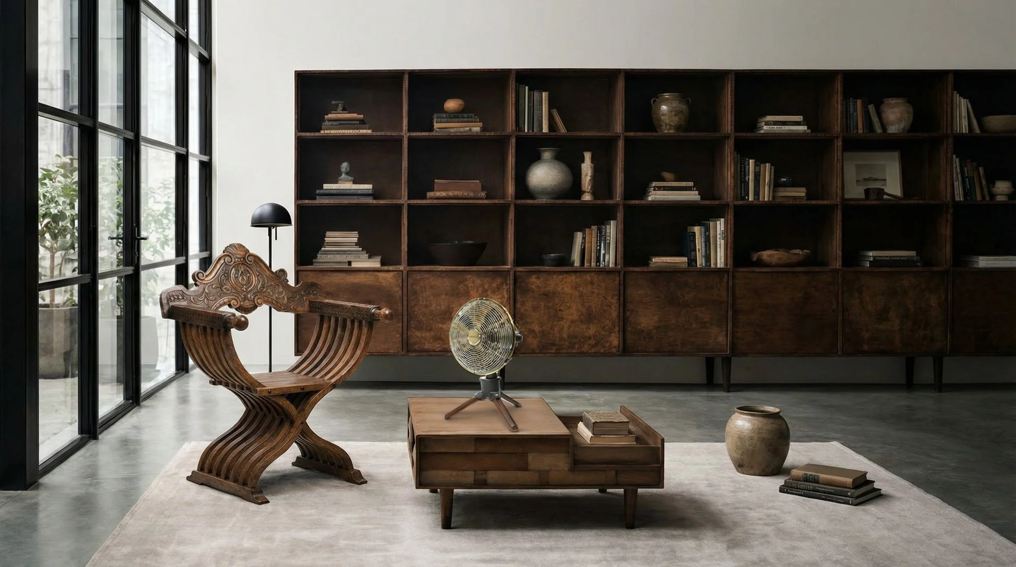 Antique wooden Savanarola style chair that collapses in modern room