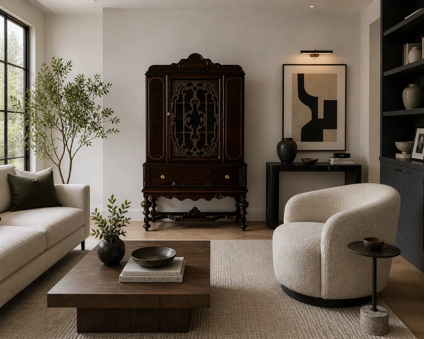 Antique display cabinet in a neutral modern room