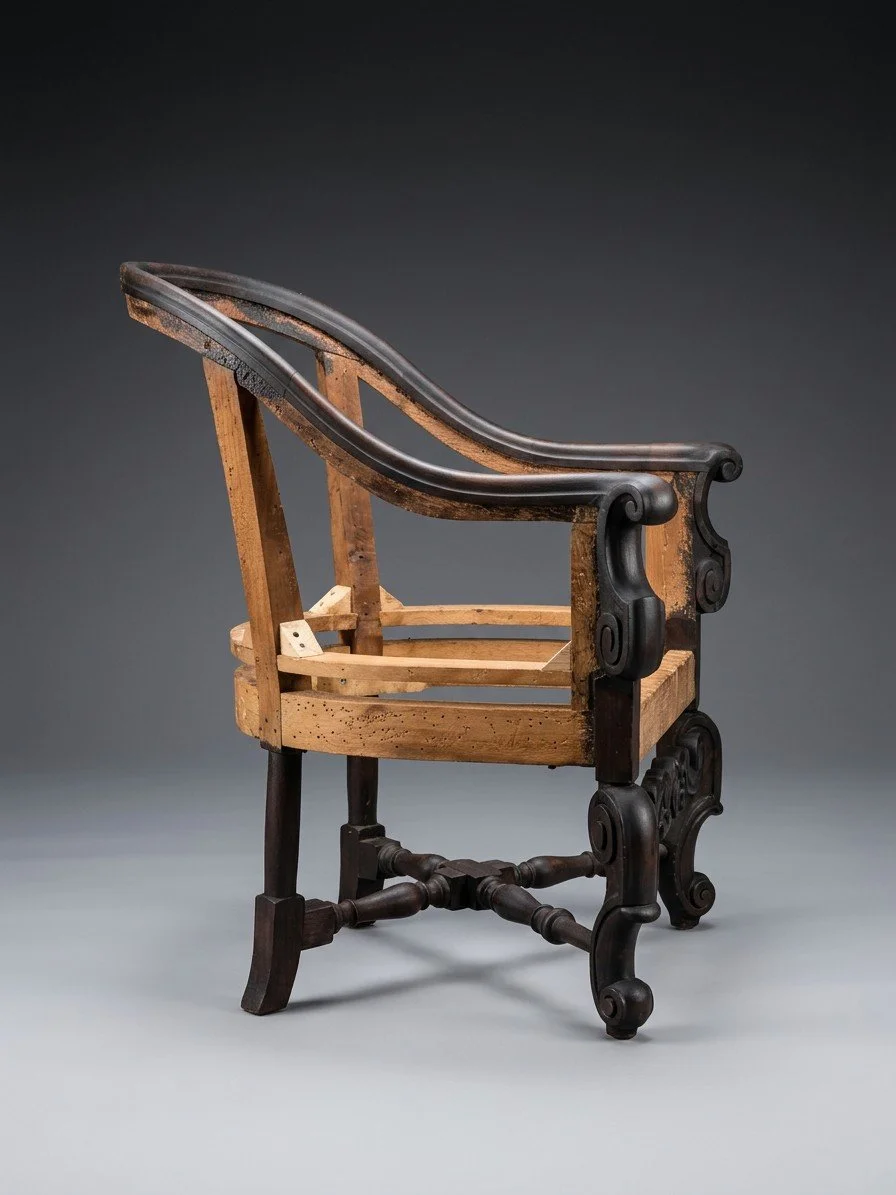 Hardwood frame of an antique tub chair during restoration, the curved back rail refinished in dark stain and the seat rails left bare before reupholstery