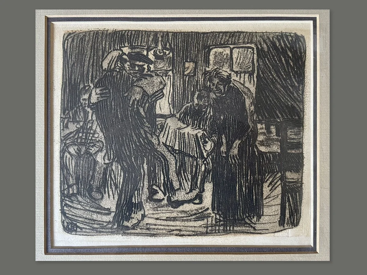 Framed 1901 etching Hamburg Public House by Käthe Kollwitz depicting working men seated at wooden tables in a modest tavern interior.