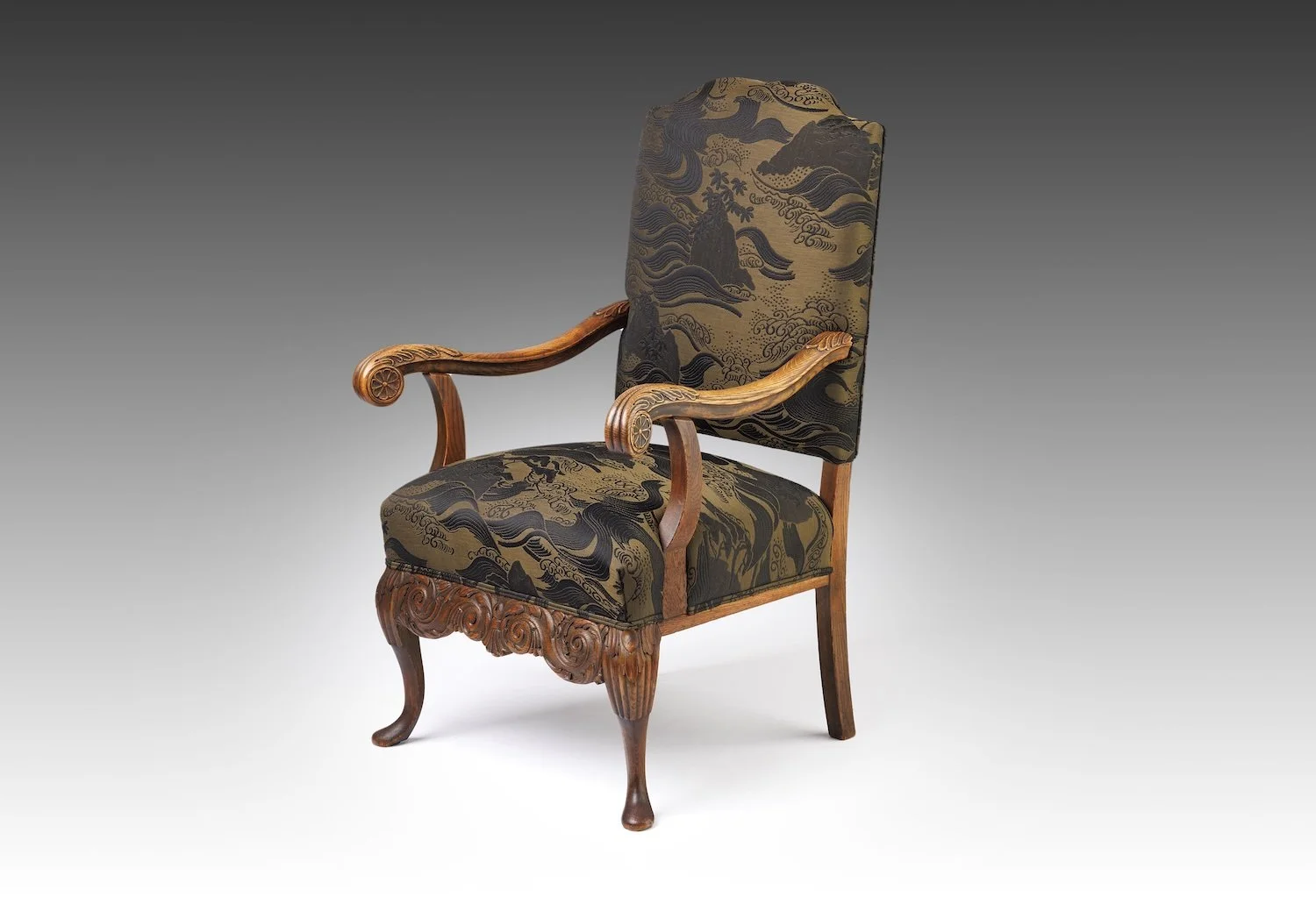 Antique carved oak open armchair in the French Rococo taste, The Horizon Crest, after restoration, front three-quarter view in a bronze weave