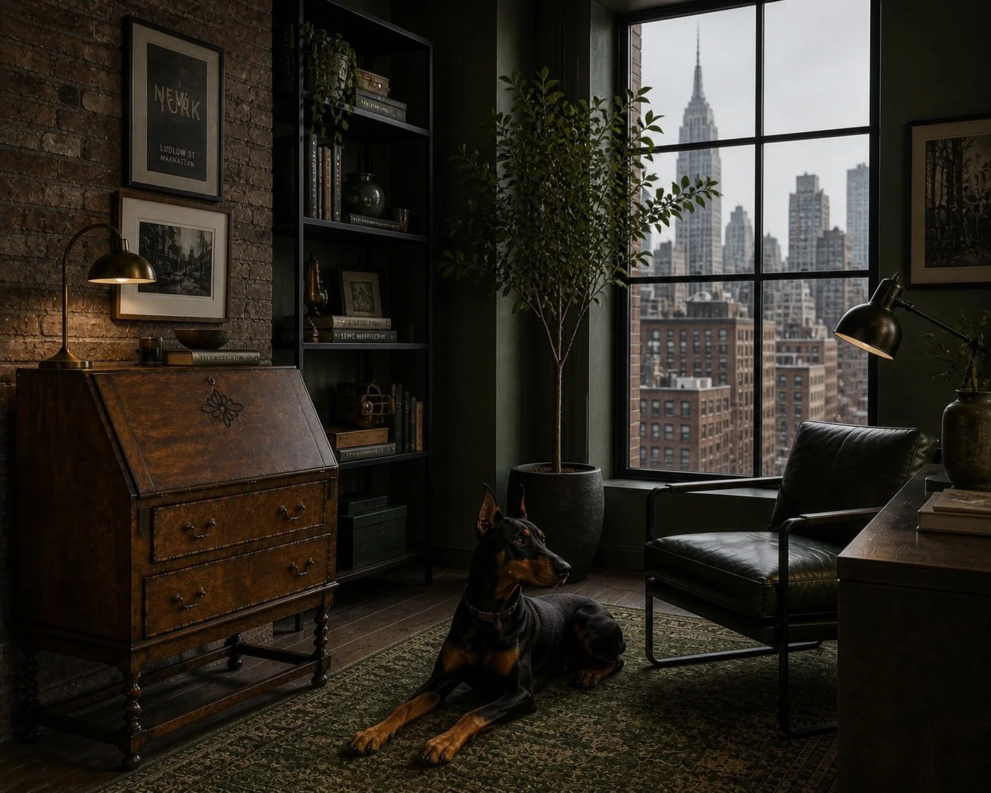 Acanthus Home Antique Secretary in Moody Green-Toned New York Industrial Loft with Doberman_LR.jpg