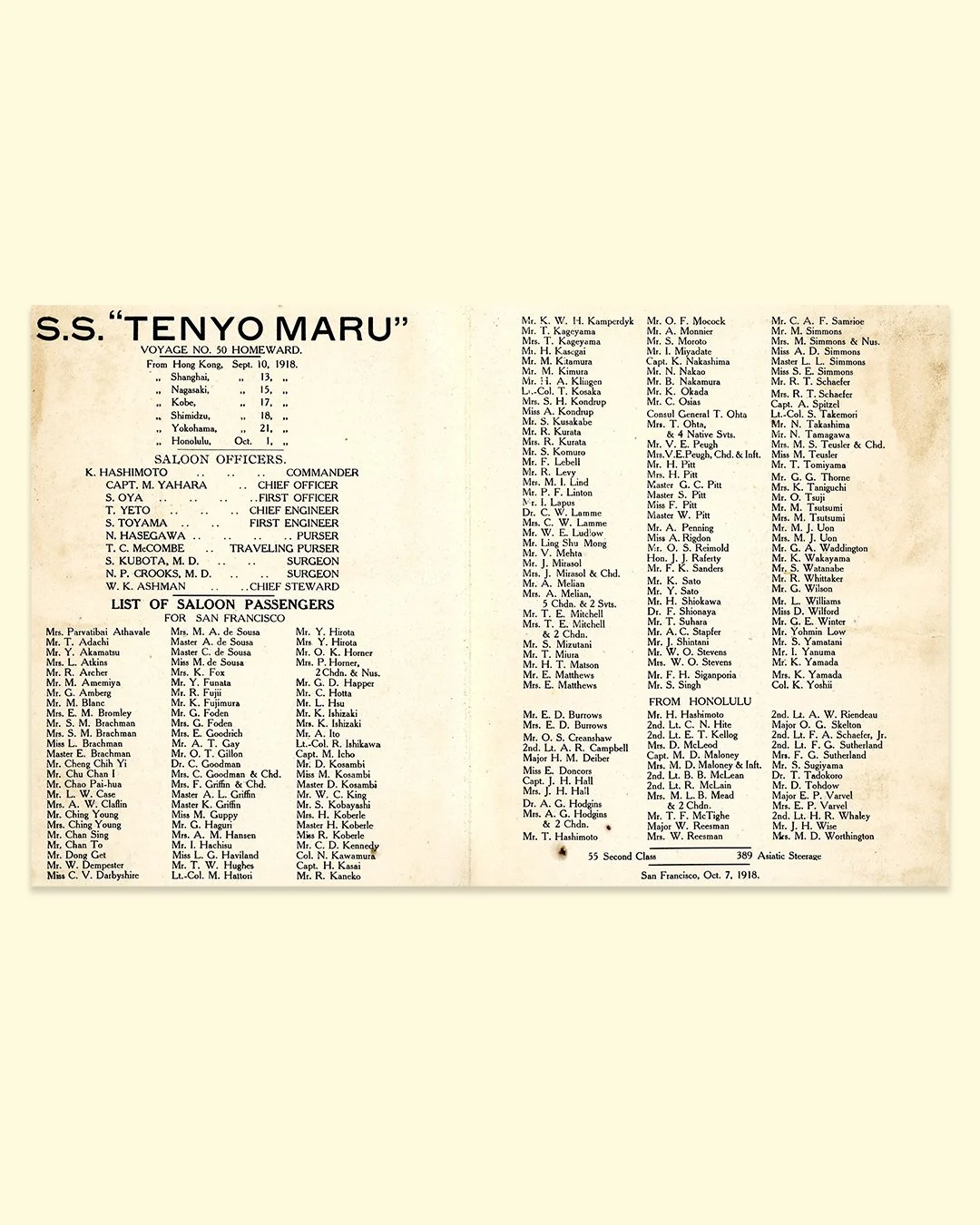 Printed saloon passenger list for S.S. Tenyo Maru Voyage No. 50 in 1918, listing officers and saloon passengers in two columns