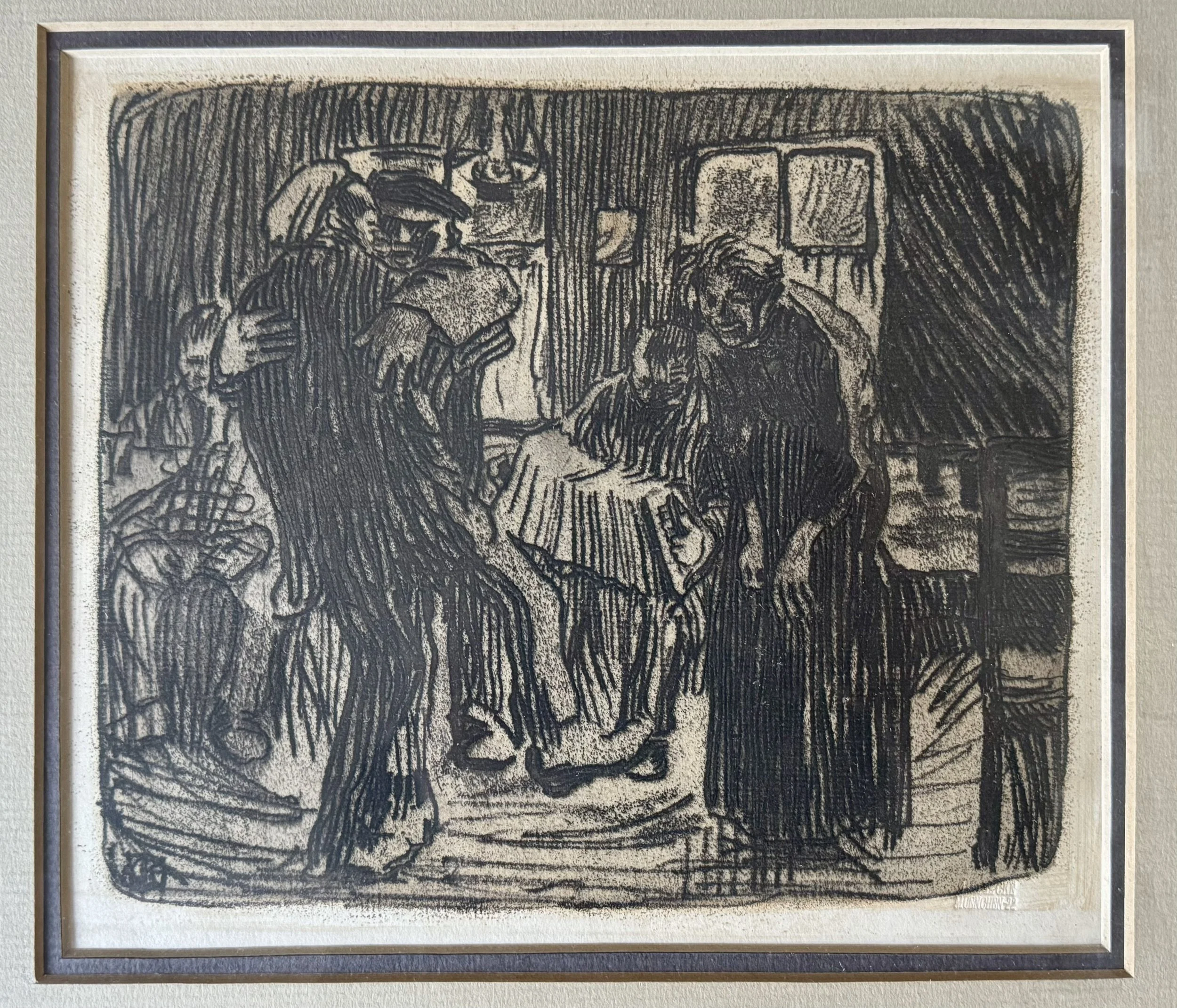 Reproduction of Käthe Kollwitz's Hamburg Tavern (Hamburger Kneipe), 1901: working people gathered in a dark, modest interior.