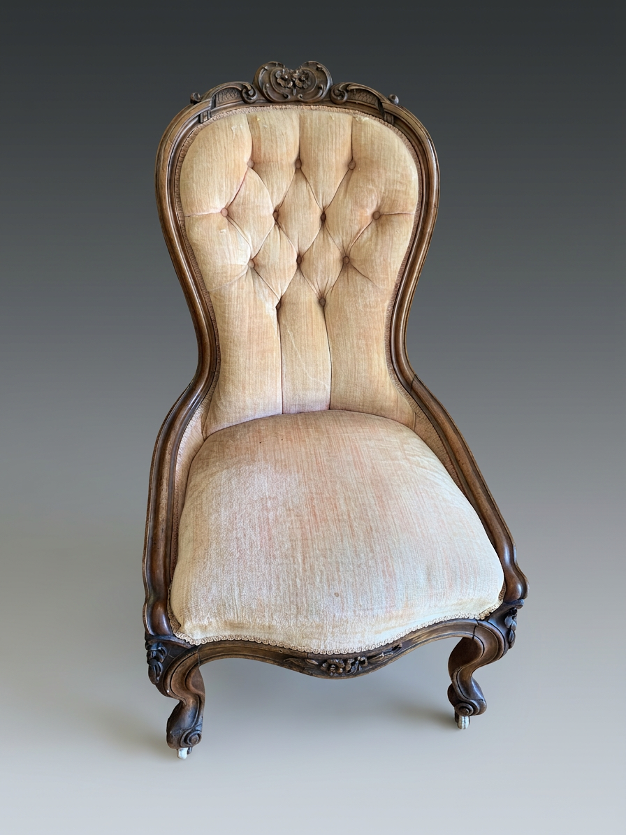 Victorian slipper chair before restoration, worn tufted pink velvet over a carved show-wood frame, front view.