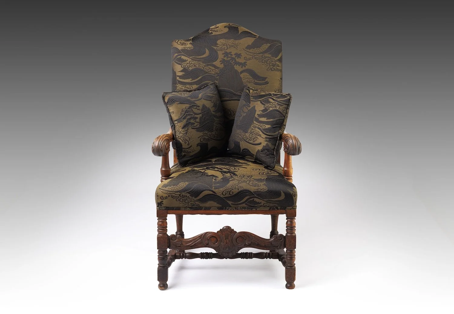The Solstice Crest is a couture Baroque-style oak armchair in gold matelassé—a luxury heirloom with sculptural form and historical elegance.