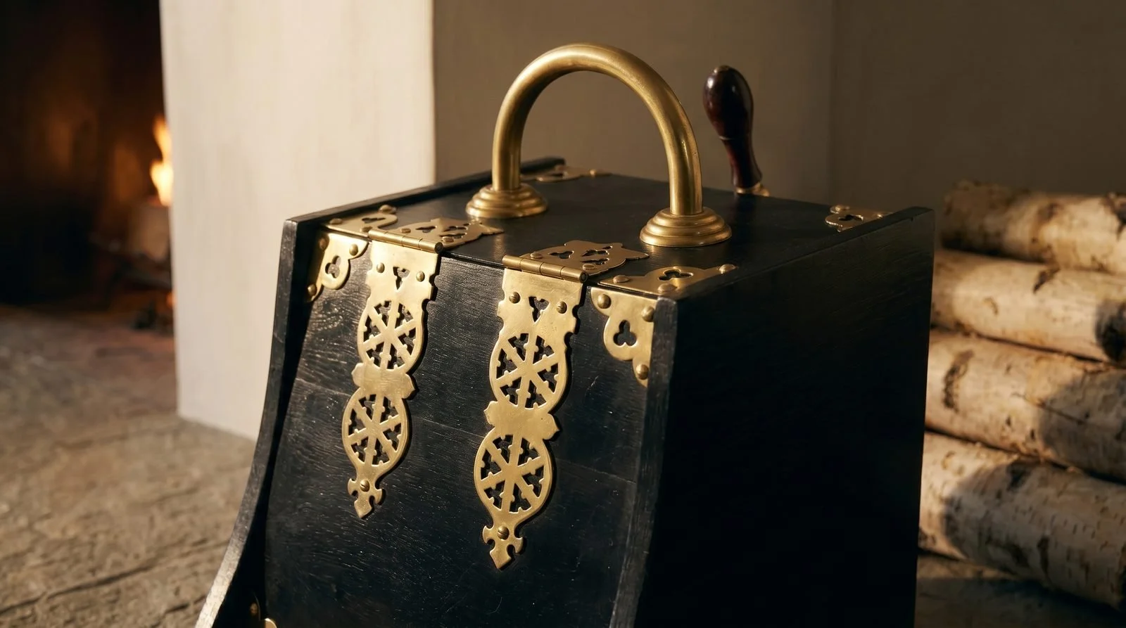 Close view of the brass bail handle, pierced strap mounts, and lid hinges in a fireside setting