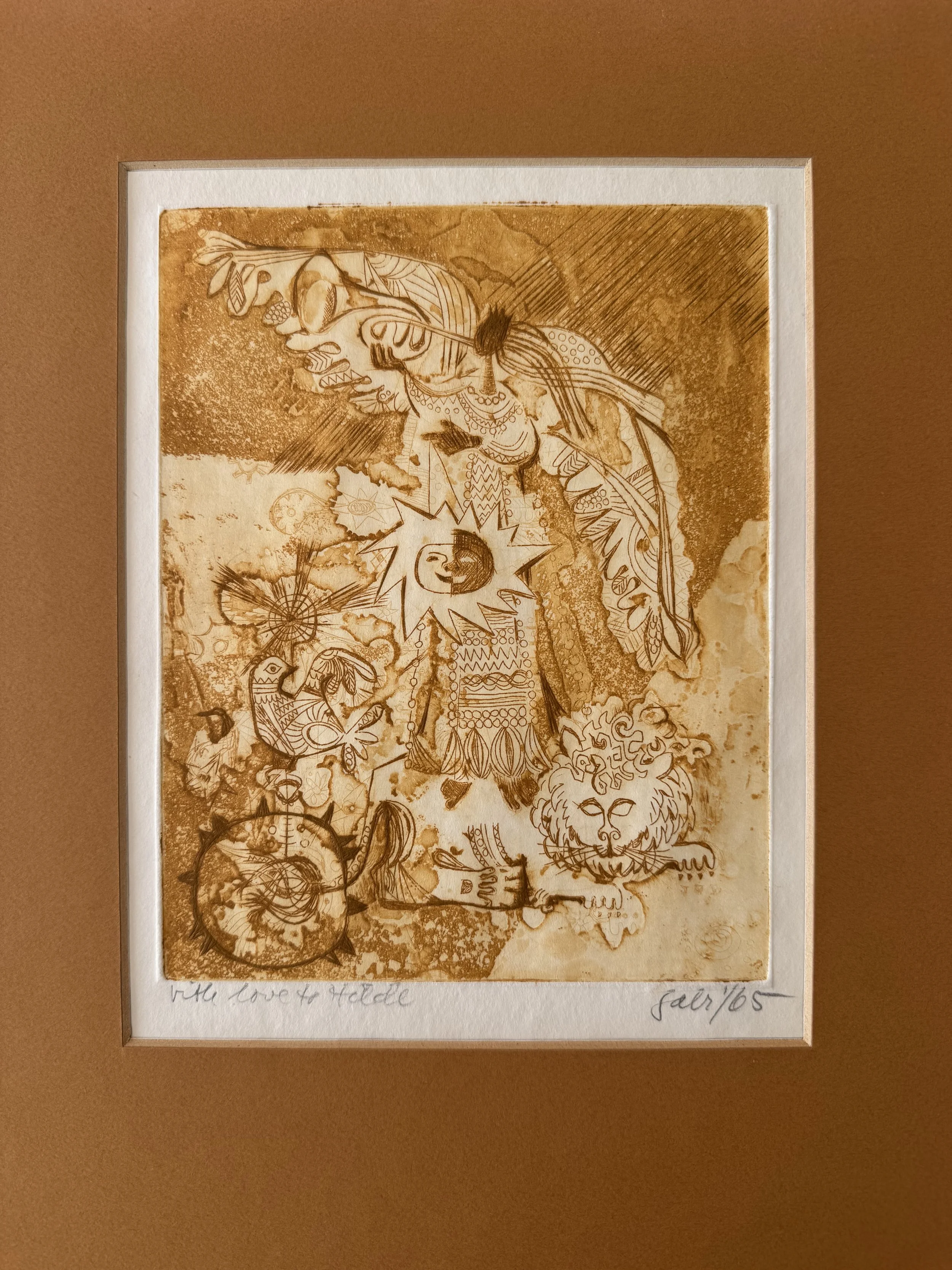 Sepia-toned etching by Gabrielle Wasow Brill, 1965, inscribed "With love to Hilde."