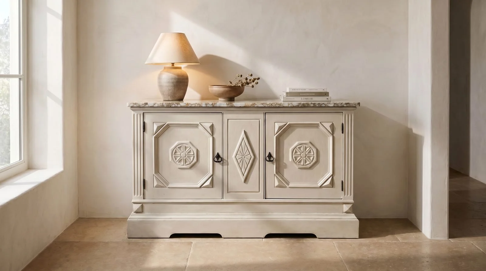 Painted carved cabinet with stone top styled against a plaster wall in daylight, with a lamp, bowl, and books
