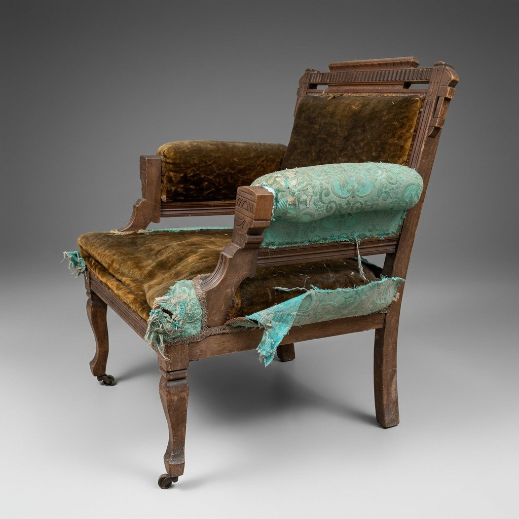 Pre-restoration three-quarter view of the Juniper Crest Eastlake armchair showing worn velvet and torn turquoise upholstery over the frame and casters