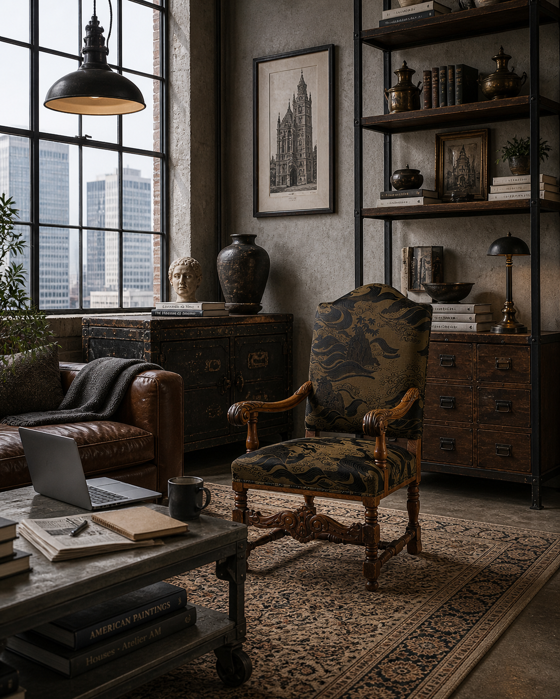 acanthus-home-carved-oak-armchair-black-gold-upholstery-industrial-loft-lived-in-interior.png