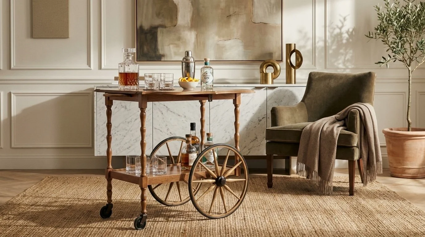 Tea cart styled as a bar cart with decanter and glassware, spoked carriage wheels and turned spindle legs, in a neutral sitting room
