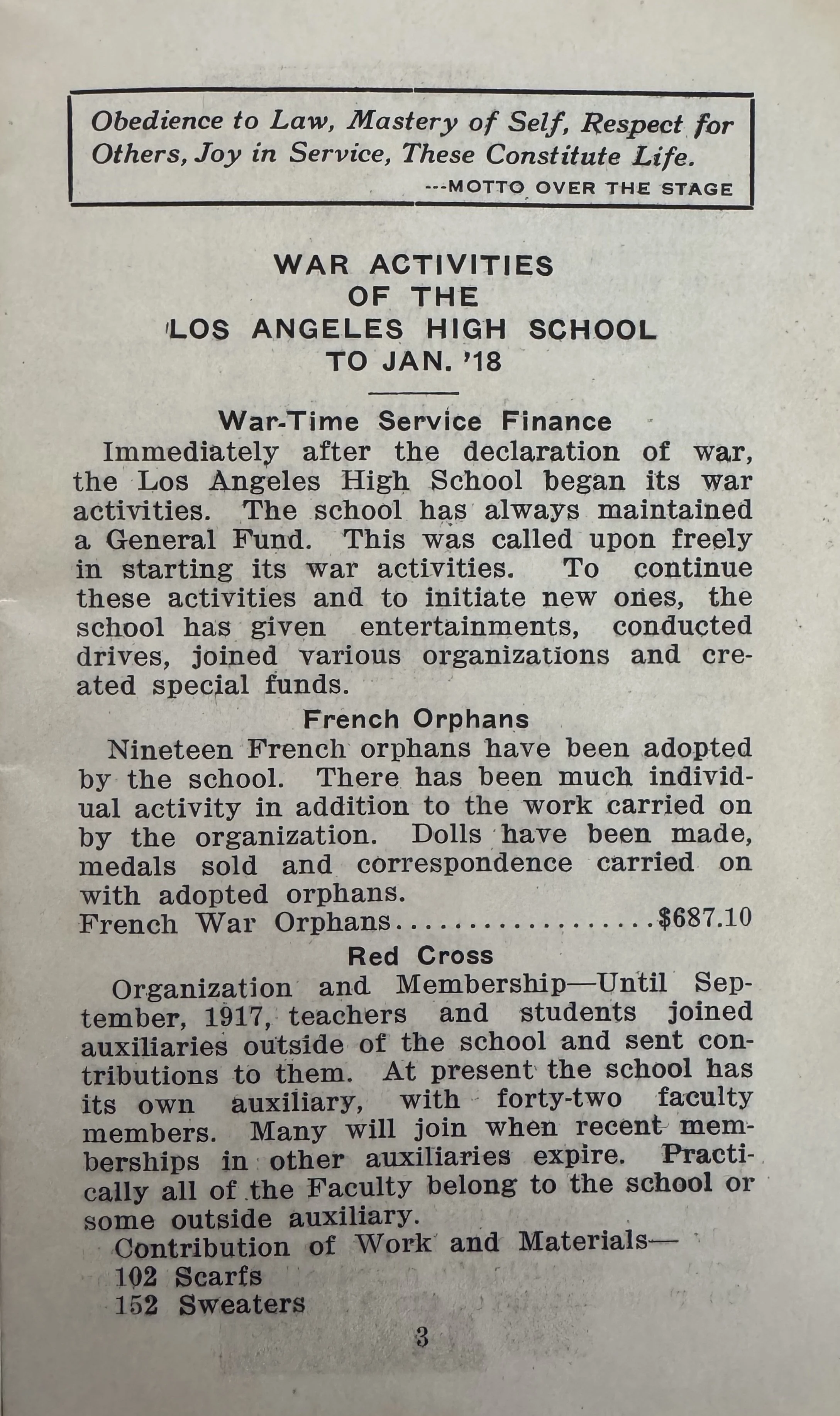 Page three of the 1918 handbook listing the school's wartime service and the motto over the stage.