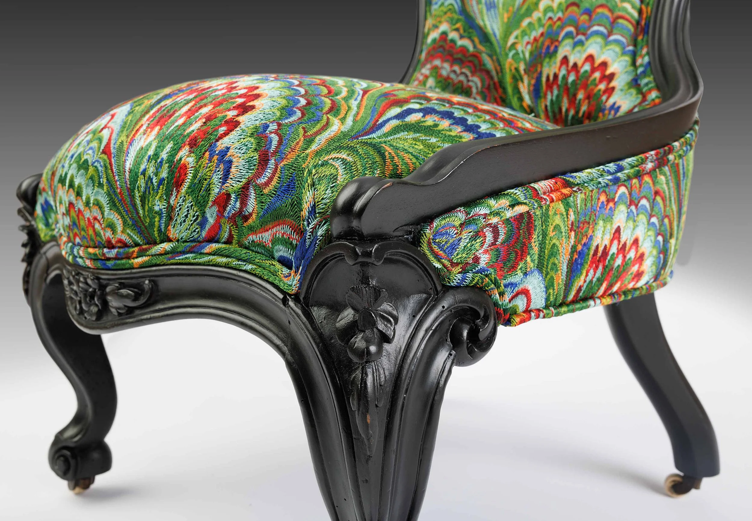 The Emerald Noir rare antique Victorian slipper chair restored by Acanthus Home
