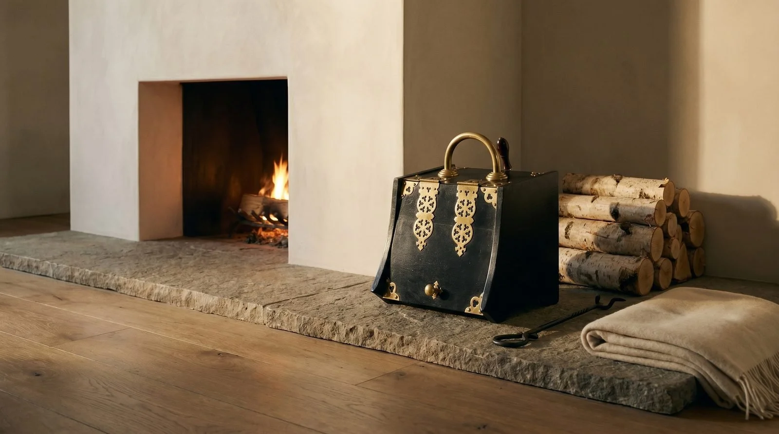 Coal box on a stone hearth beside a lit fireplace, with stacked birch logs