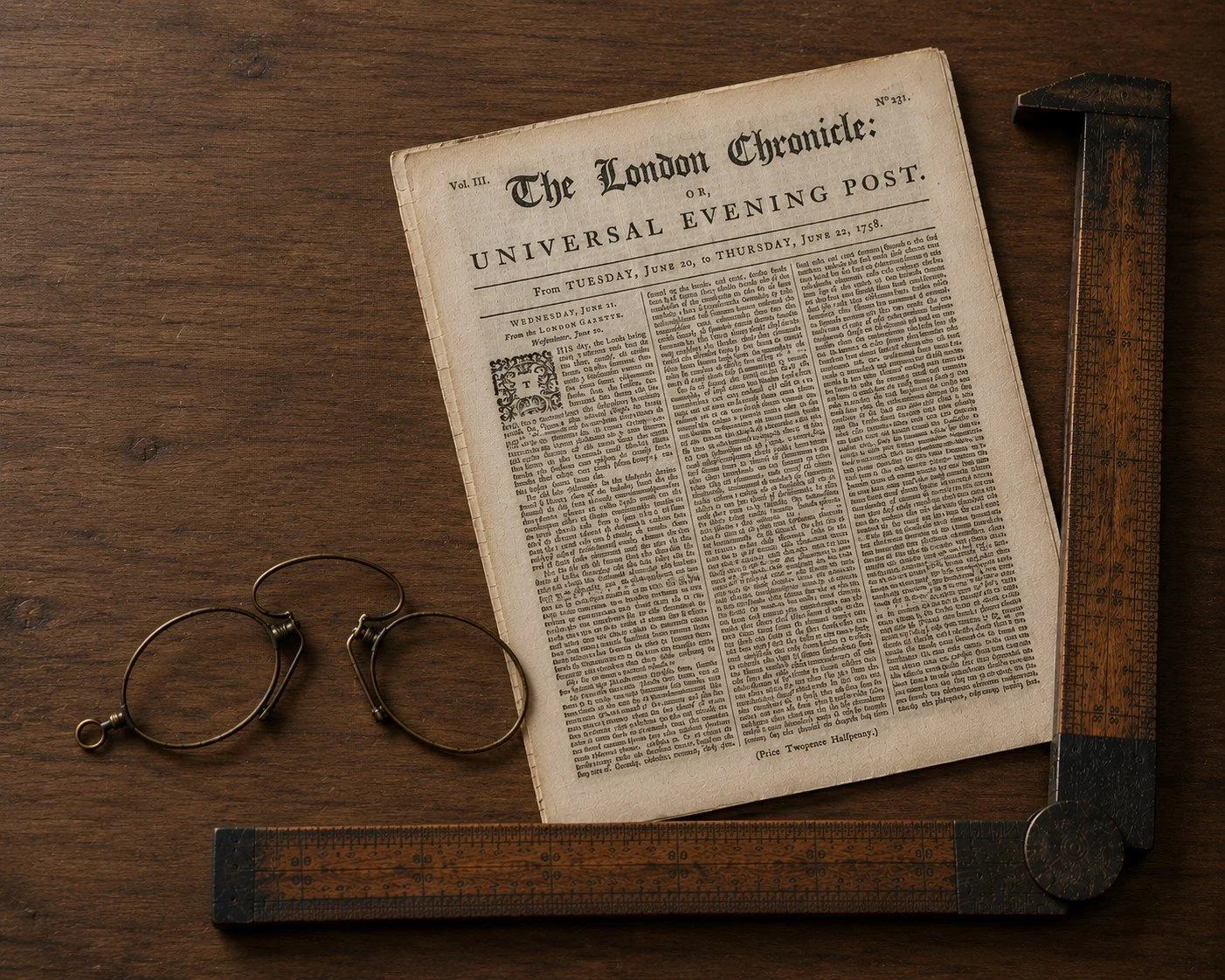 A folding wooden rule opened to a right angle and pince-nez spectacles on a dark wood table beside the front page of The London Chronicle, or Universal Evening Post, dated 20 to 22 June 1758